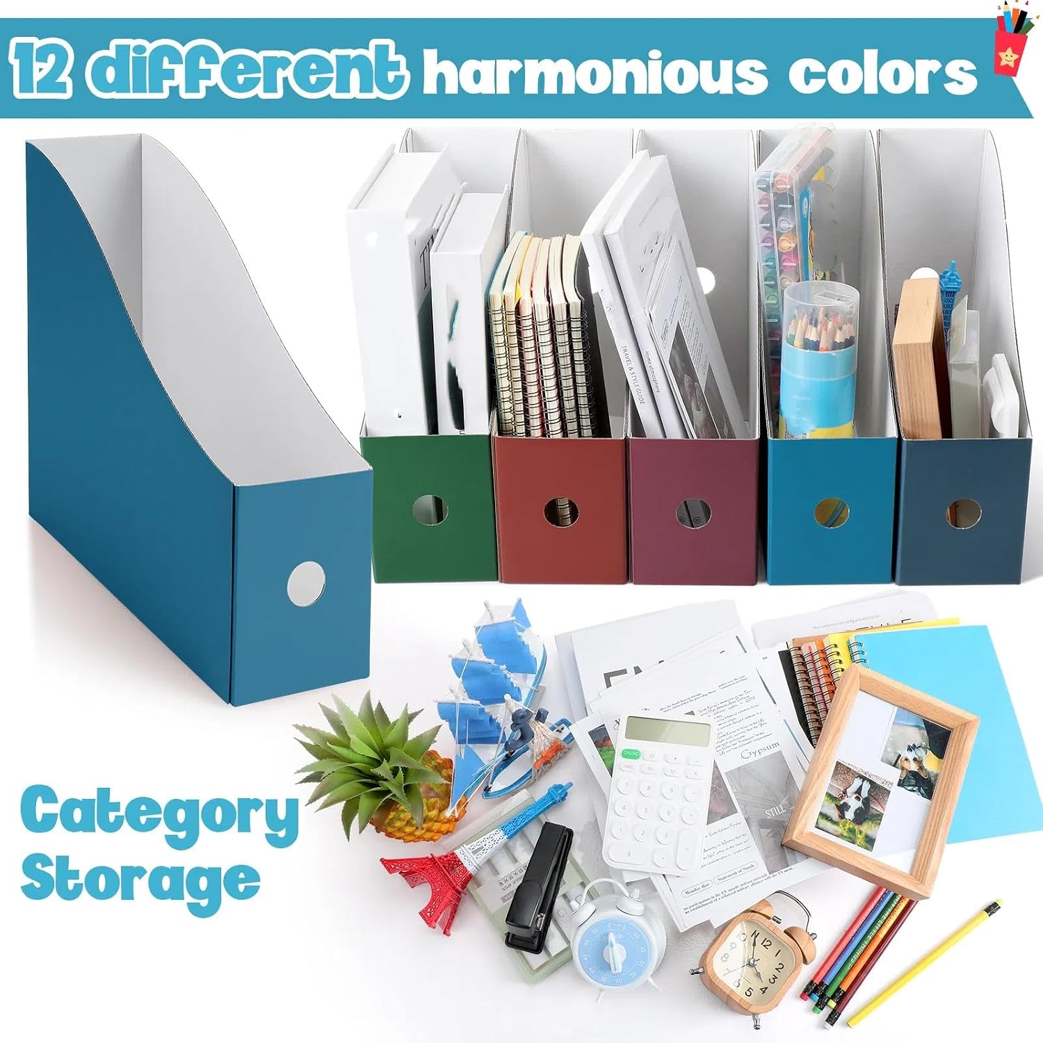 Colarr 12 Pack Cardboard Magazine File Holders Book Bins,Classic Color | Heavy Duty Magazine Storage Box with Labels