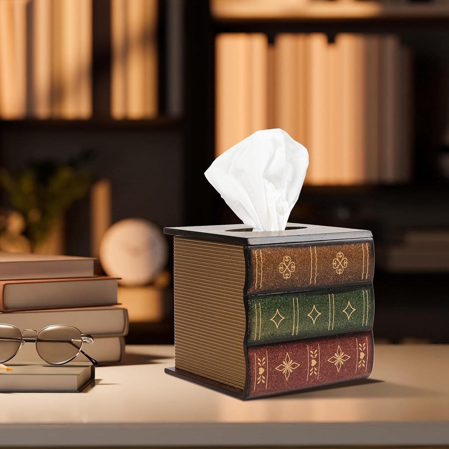 Crafted Classical Retro Wooden Antique Book Tissue Box Cover Square Tissue Holder Dispenser / Brown