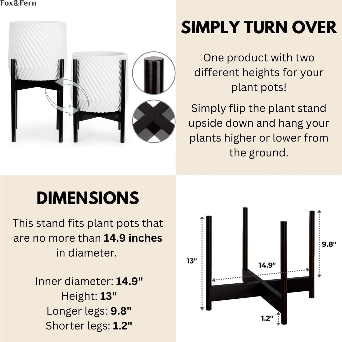 Fox & Fern Mid Century Plant Stands for Indoor Planters, Bamboo, 14.9 Inch | Plug In Design, Holds 200 lbs, Two High