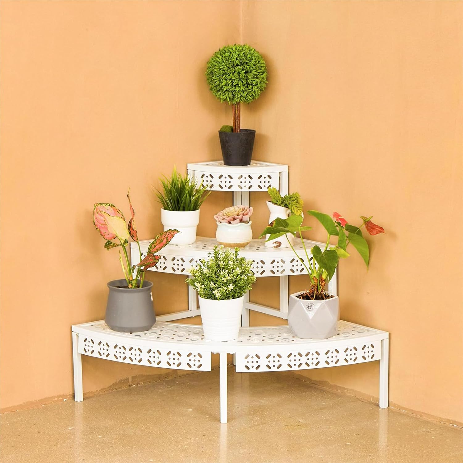 aboxoo 3-Tier Metal Plant Stand, Quarter Round Stair-Step Corner Shelf | Holds multiple flower pots,Indoor/outdoor
