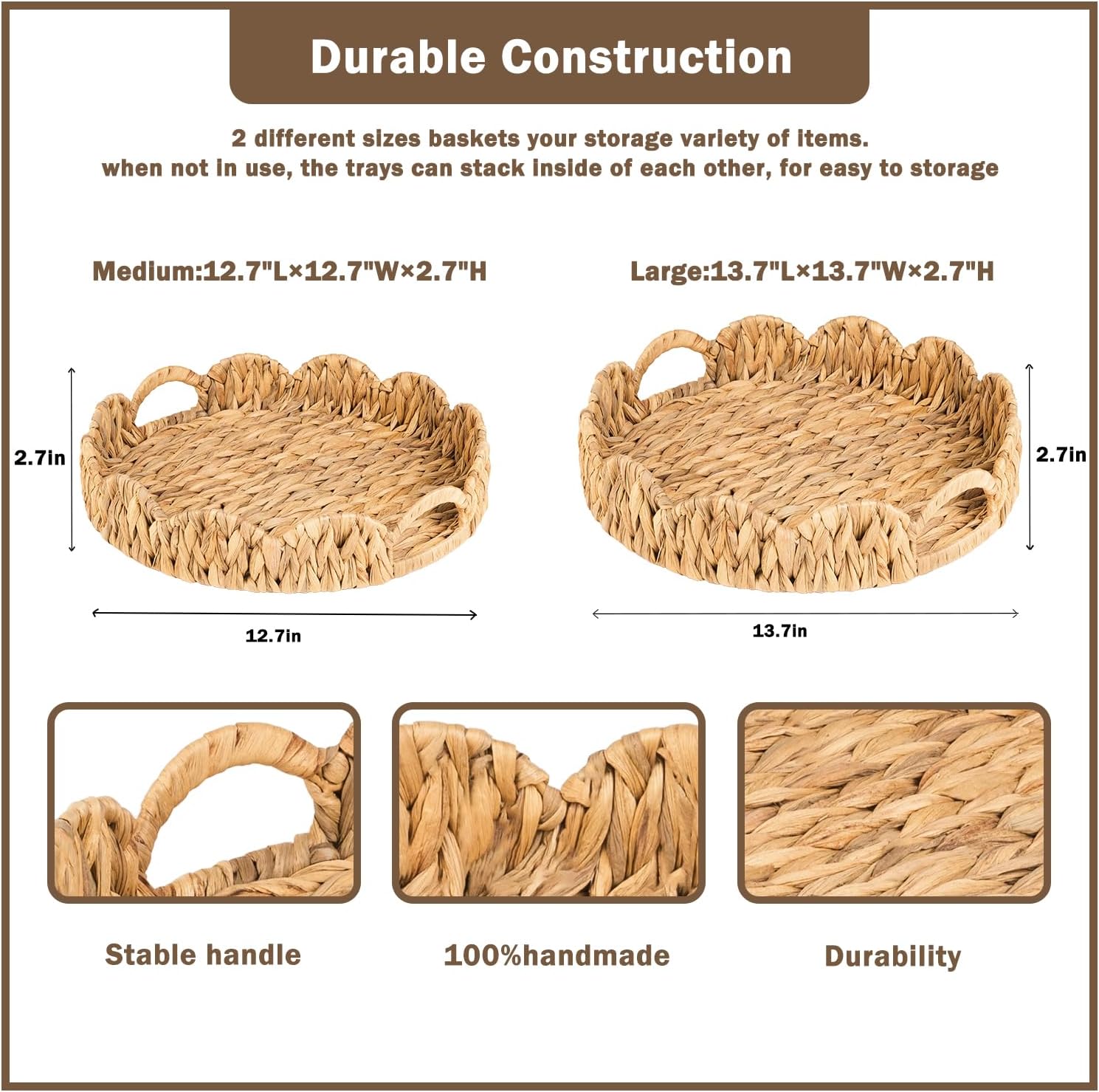 Wicker Basket Tray / Water Hyacinth / Round / Natural / Set of 2