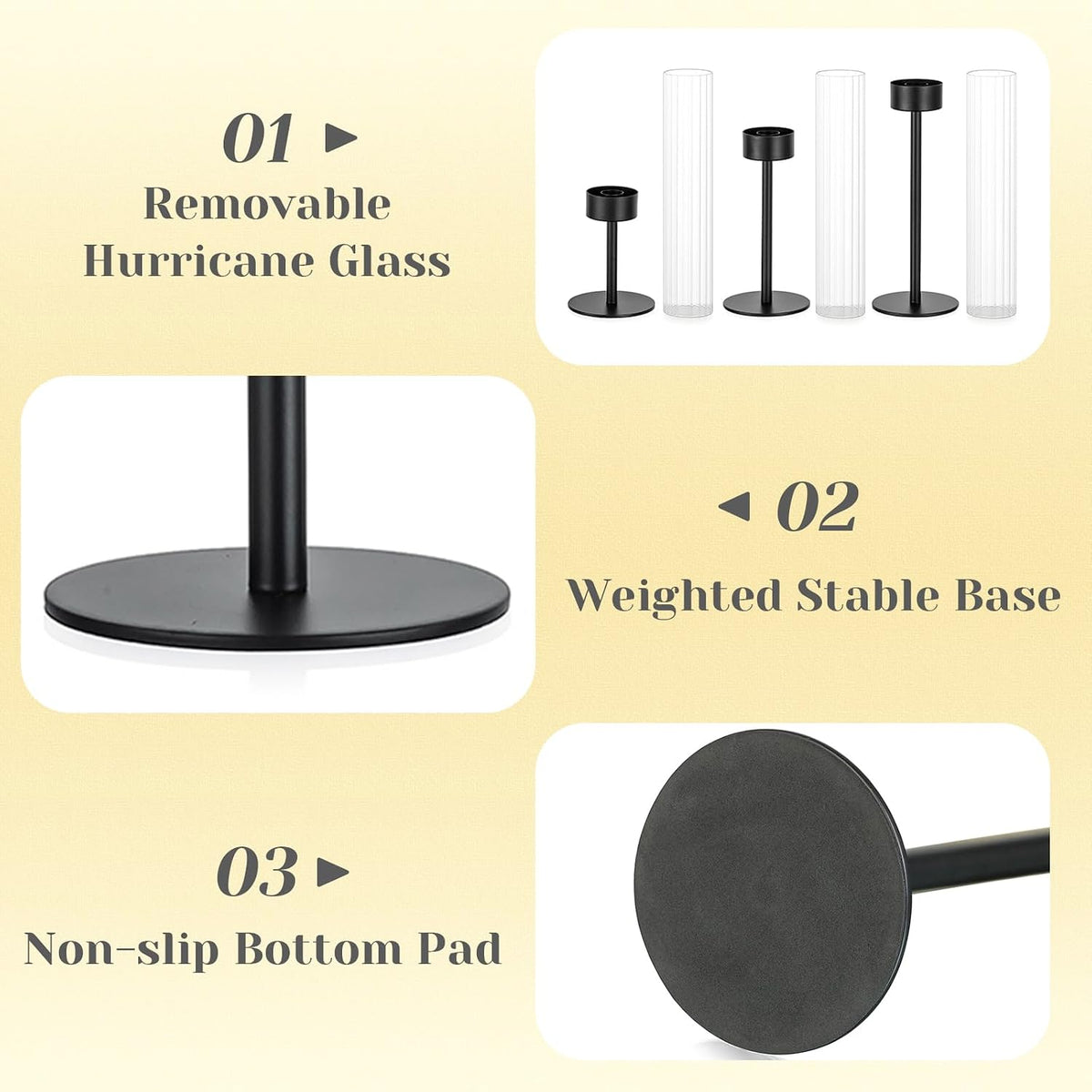 Hewory Black Taper Candle Holders: Candlestick Holders Set of 3 Hurricane Glass Tall Candle Holder for Candlesticks