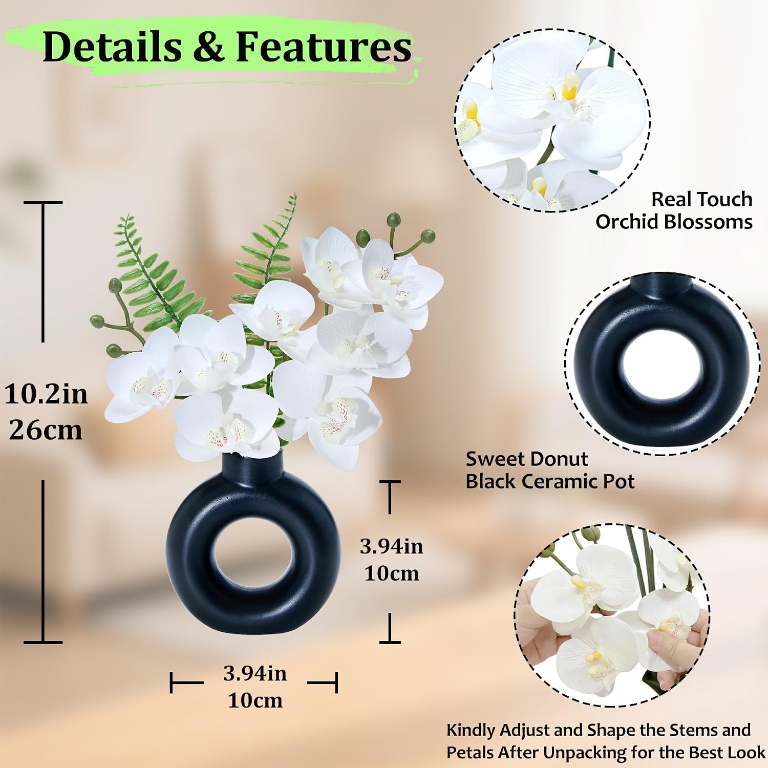 Artificial White Orchids in Black / 2pot White Orchid with Black Ceramic Vase / 10 Inch / Set of 2