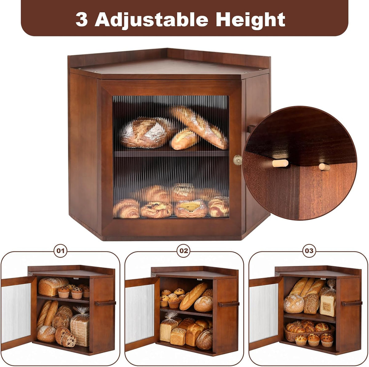 Corner Bread Box For Kitchen Countertop,2 Tier Bread Bin With Acrylic Door Panel,Adjustable Shelf & Hanging Rack,Food