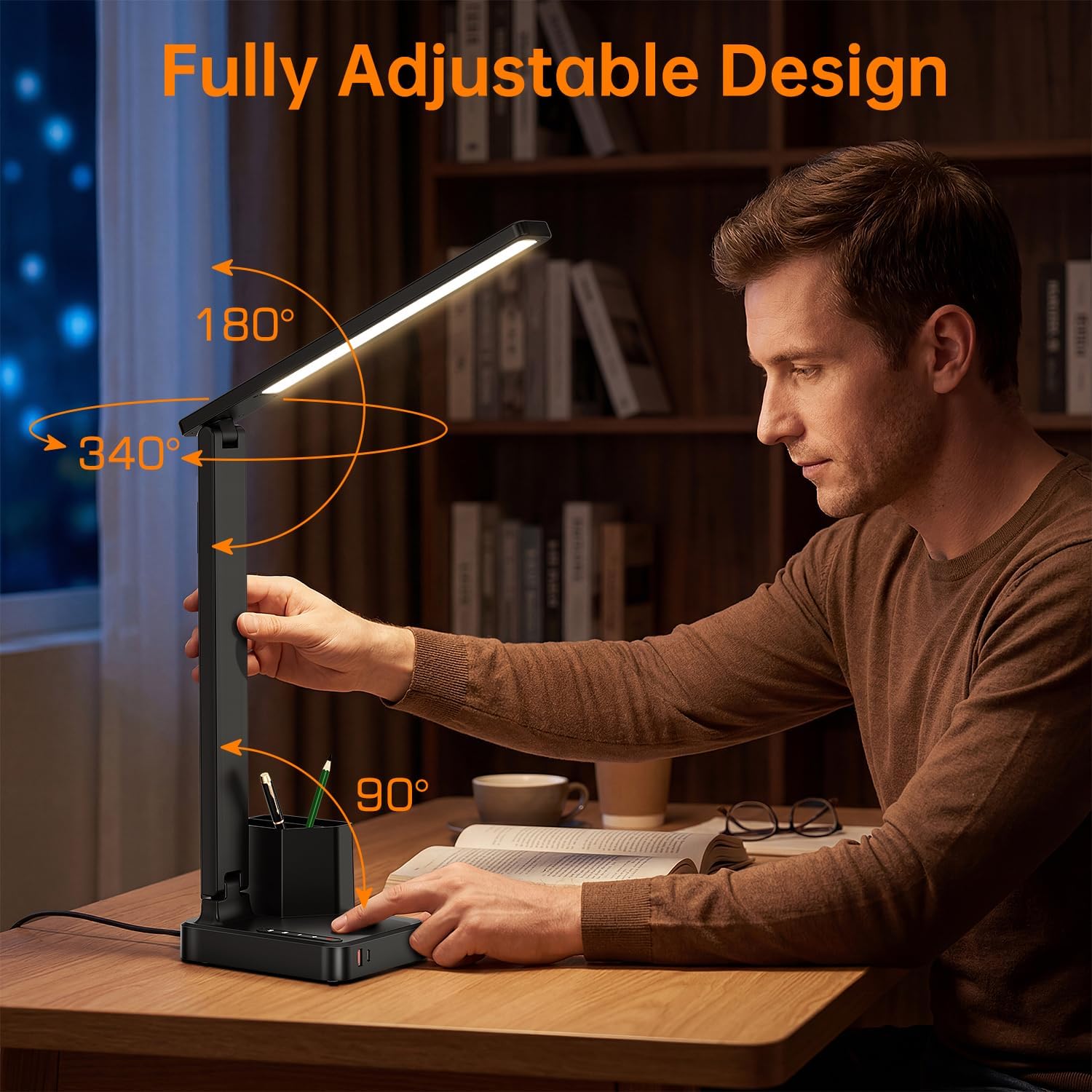 LED Desk Lamp USB A/C AC Pen Holder Dorm Home Office Desk Light Black | Adjustable LED Desk Light with USB A/C, AC