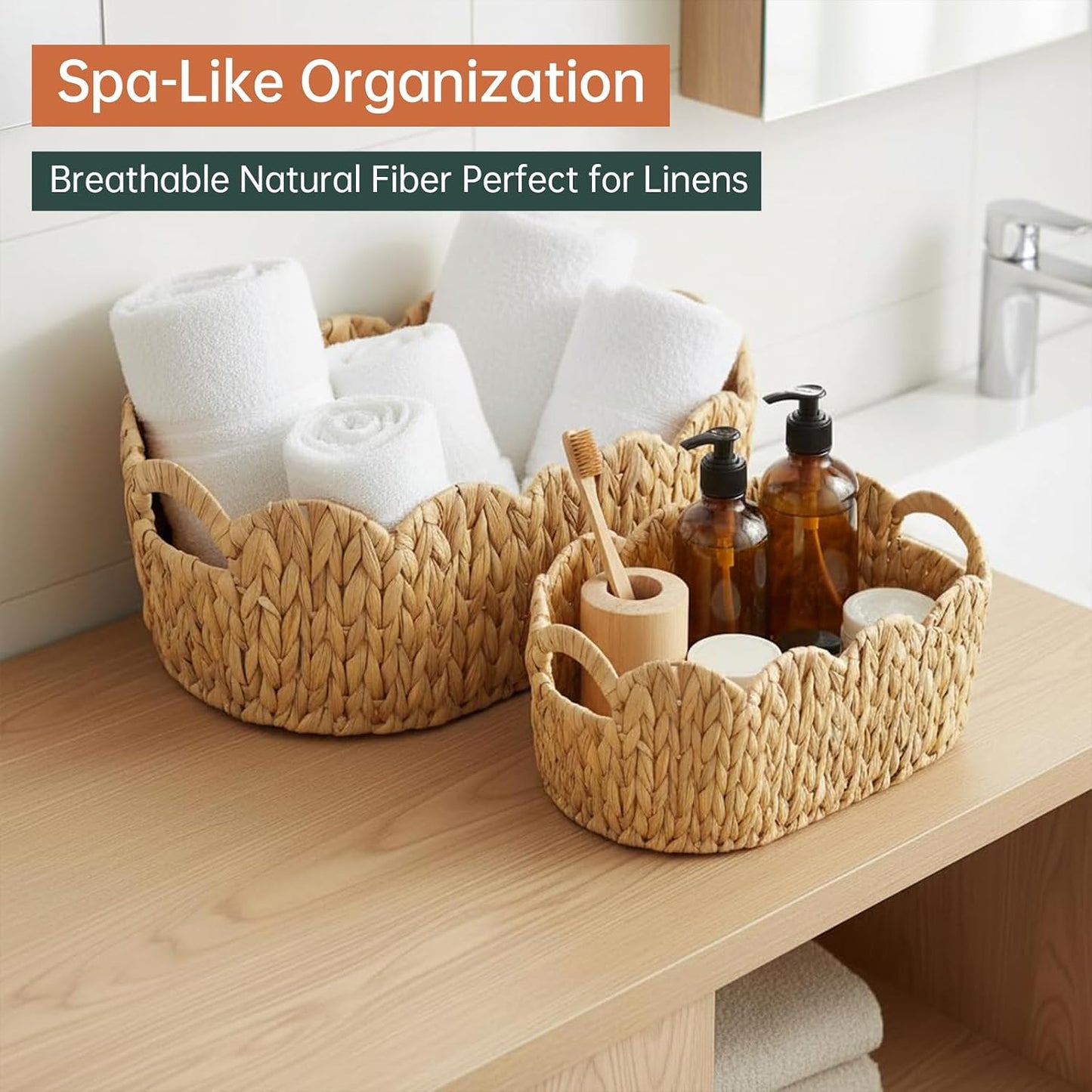 Scalloped Basket / Hand-Woven Wicker Storage Baskets / Oval / Set of 2