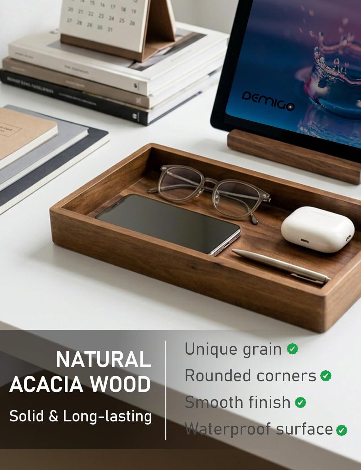 Acacia Wood Valet Tray & Catchall / Dark Brown / 12.2 x 6