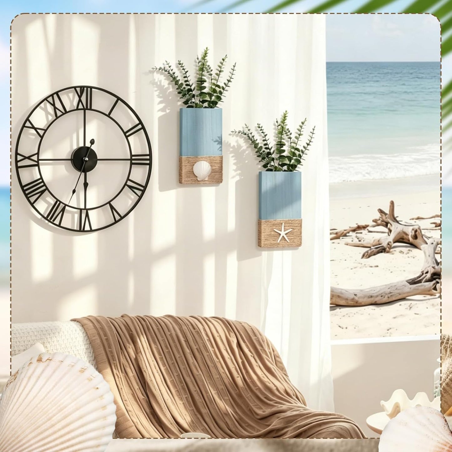 Beach Rustic Wood Wall Planter Vase Beach Room Decor Nautical Coastal / Seashell / Blue / Set of 2