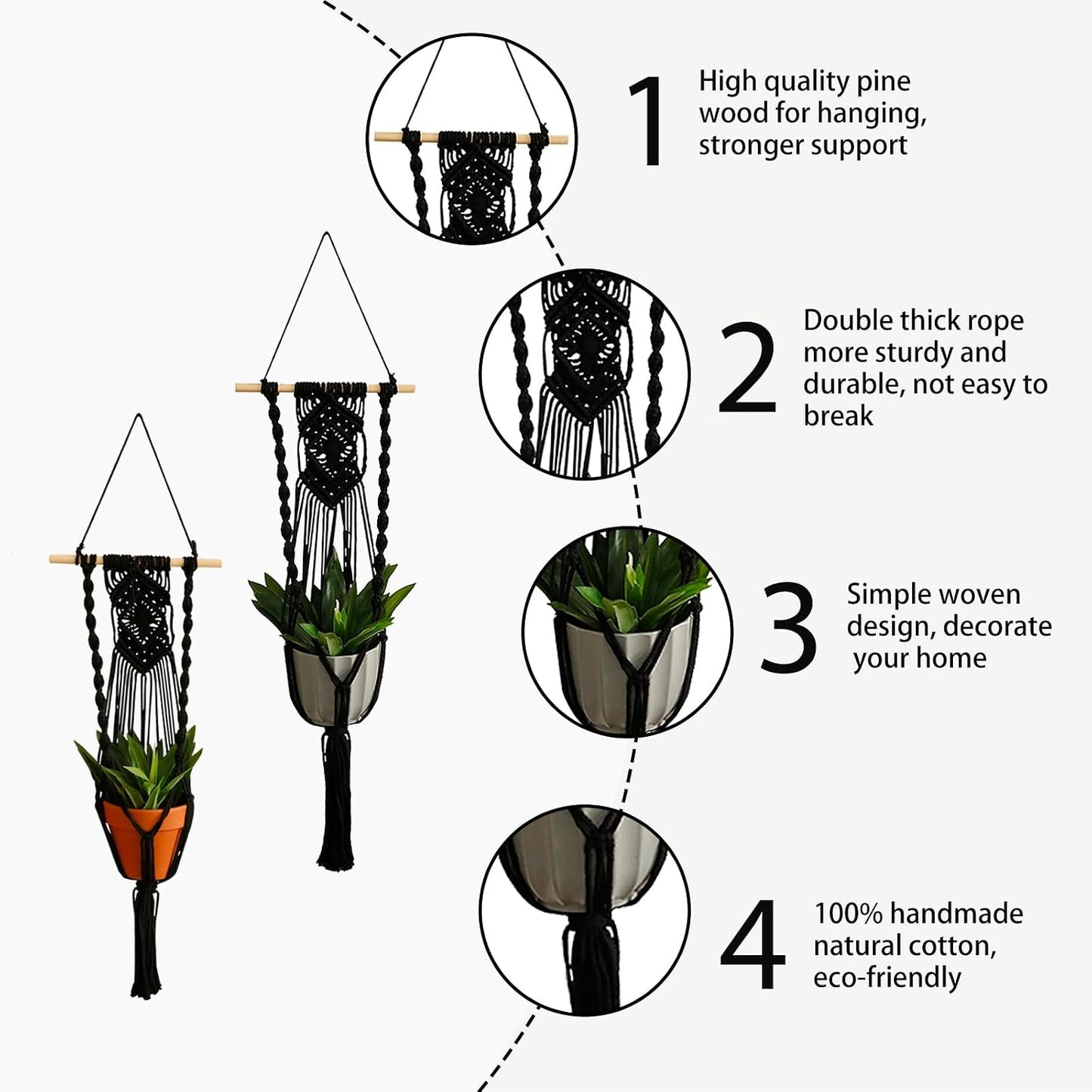Black Plant Hanger Macrame Hanging Planter / Black Wood Hanger / Set of 2