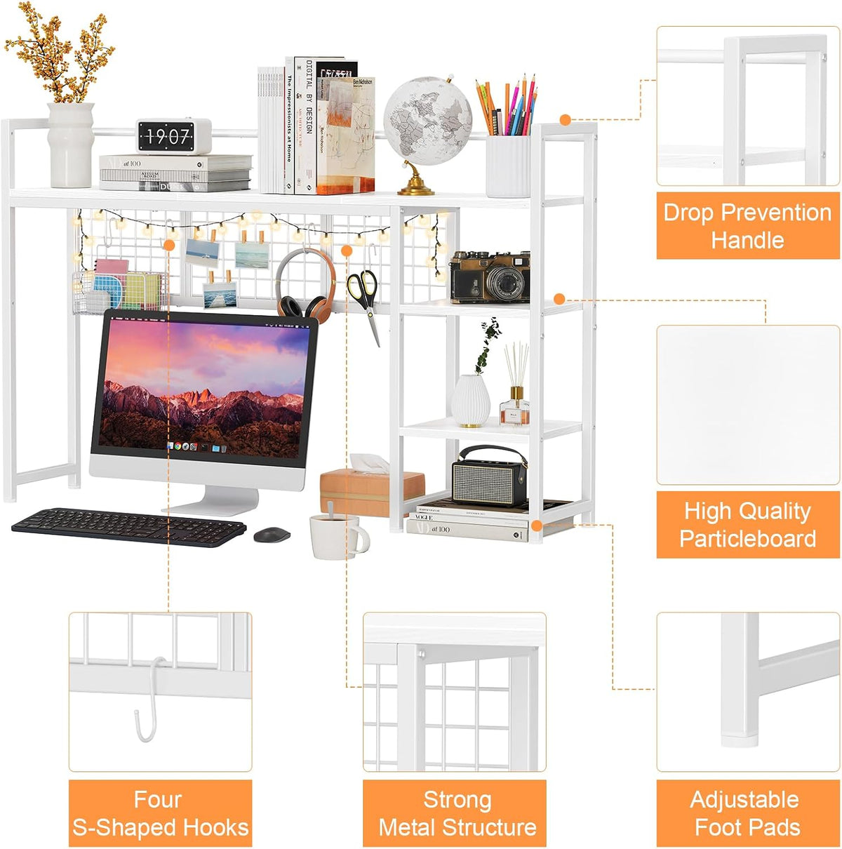 Snughome Desk Shelf, 44.9" Desktop Organizer Shelf, Desk Hutch for Computer Monitor, 4 Tier Desk Display Rack with