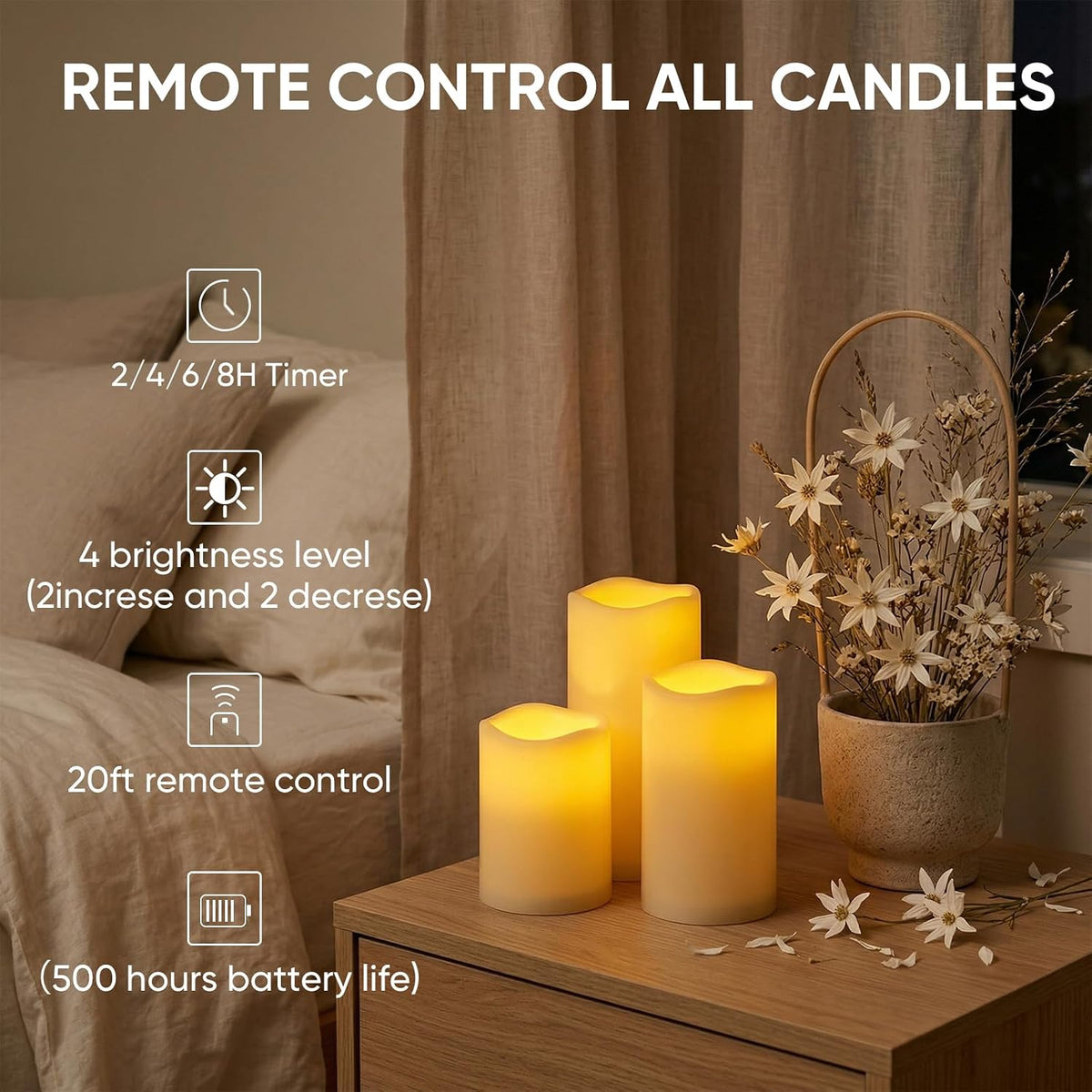 5plots Outdoor Waterproof Flameless Candles, LED Pillars Set of 9 Ivory | Ivory candles in 3"x4"5"6" sizes, battery