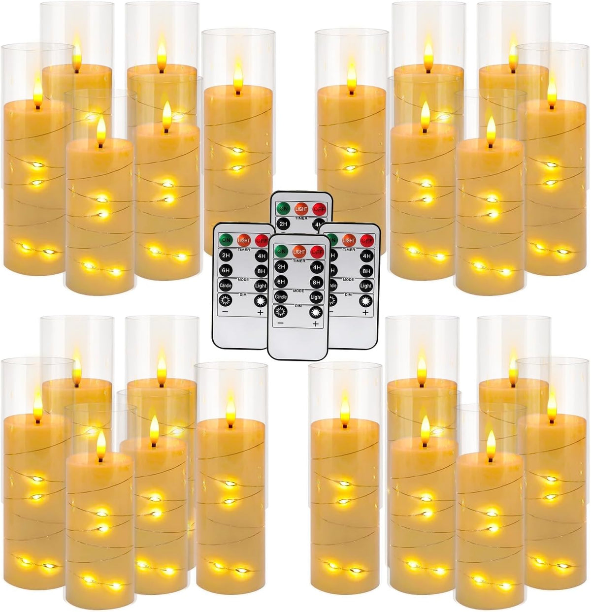 24 Pcs LED Flameless Candles with Remote, 3D Flickering Flame & LED String Lights, Acrylic Clear Cylinder, Timer