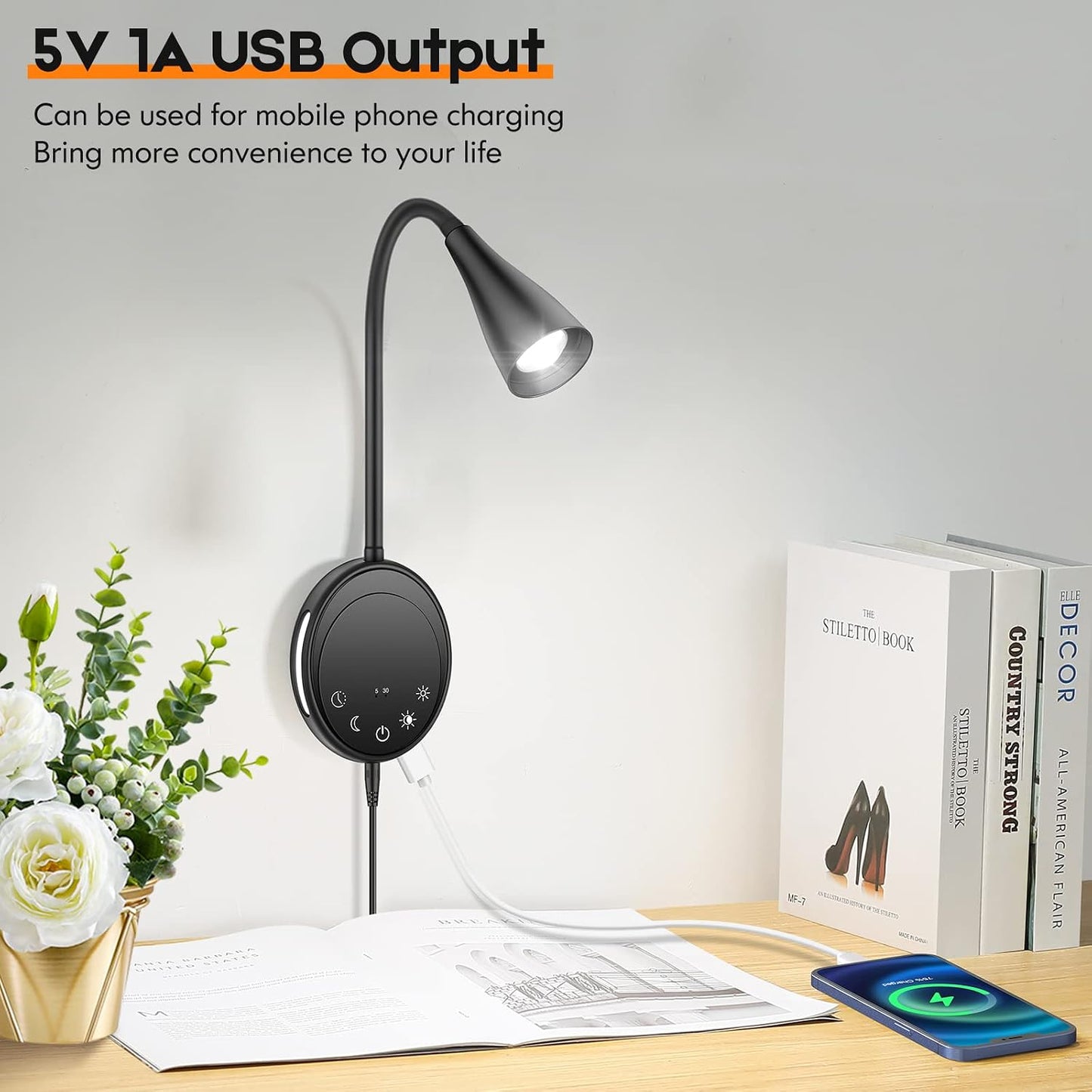 SANKEDOU Wall Mounted Reading Light, Bedside Headboard Lights with 5 Dimming & Color Temperature, USB Output, Night