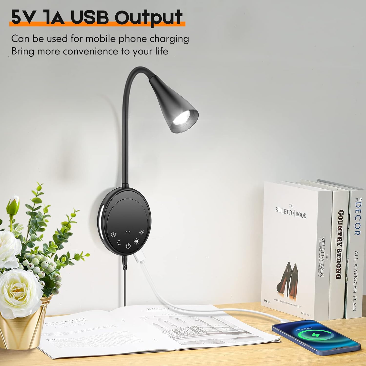 SANKEDOU Wall Mounted Reading Light, Bedside Headboard Lights with 5 Dimming & Color Temperature, USB Output, Night