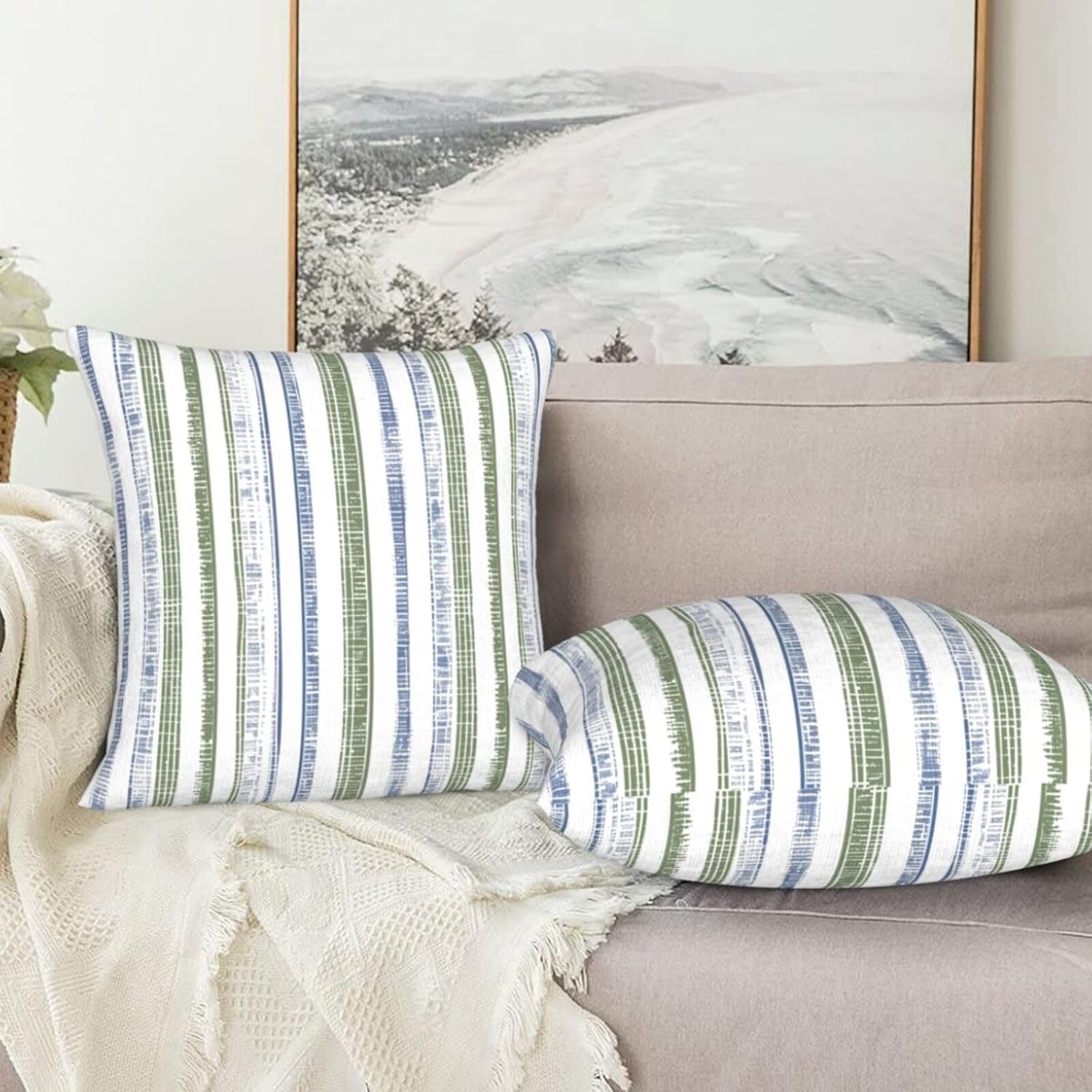 Boho Blue and Sage Green Striped Throw Pillow / 18 x 18 / Boho Blue Sage Green Striped / Set of 2