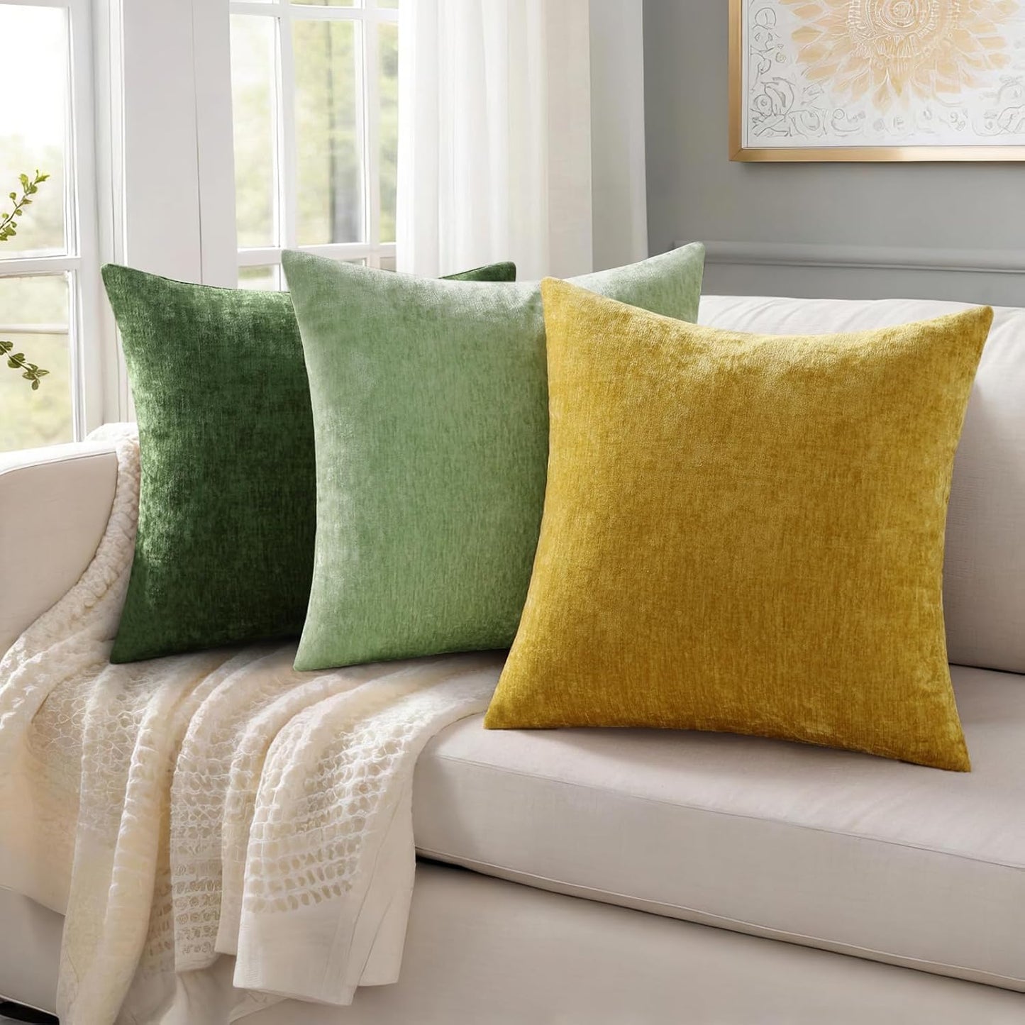 Chenille Summer Throw Pillow Covers / Sage Green / 26 x 26 / Set of 2