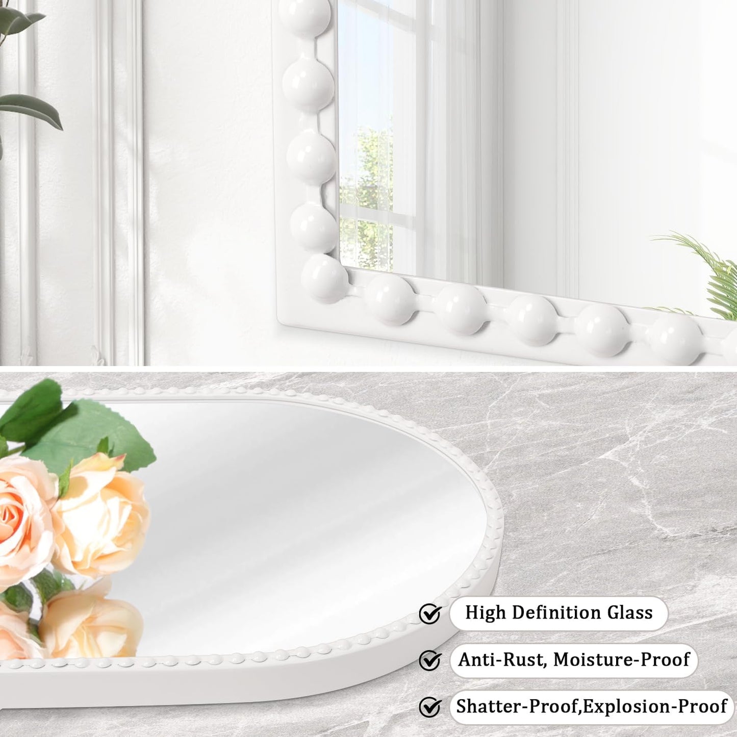 Beaded Framed Metal Accent Wall Mirrors Decorative Bathroom Living Room / 30"L x 20"W / White