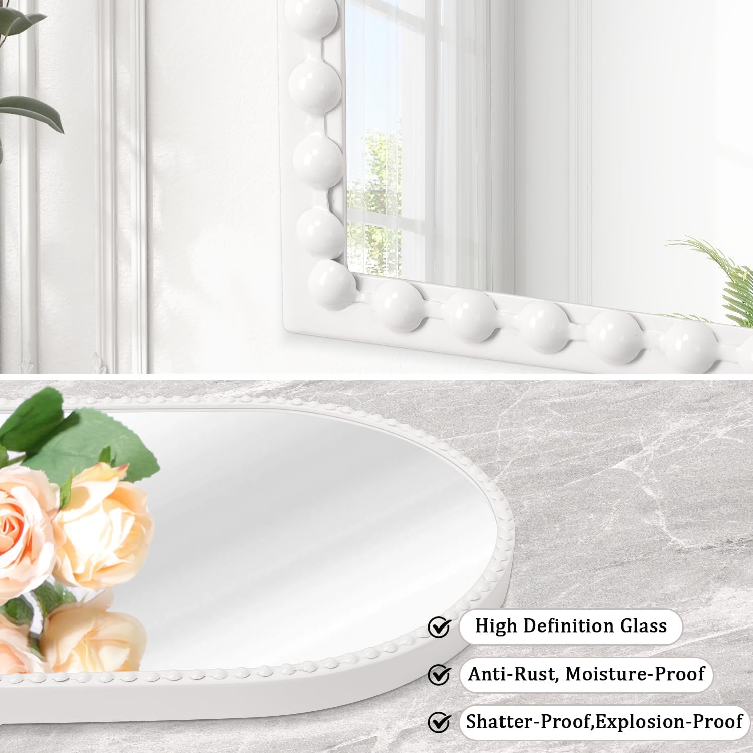 Beaded Framed Metal Accent Wall Mirrors Decorative Bathroom Living Room / 30"L x 20"W / White