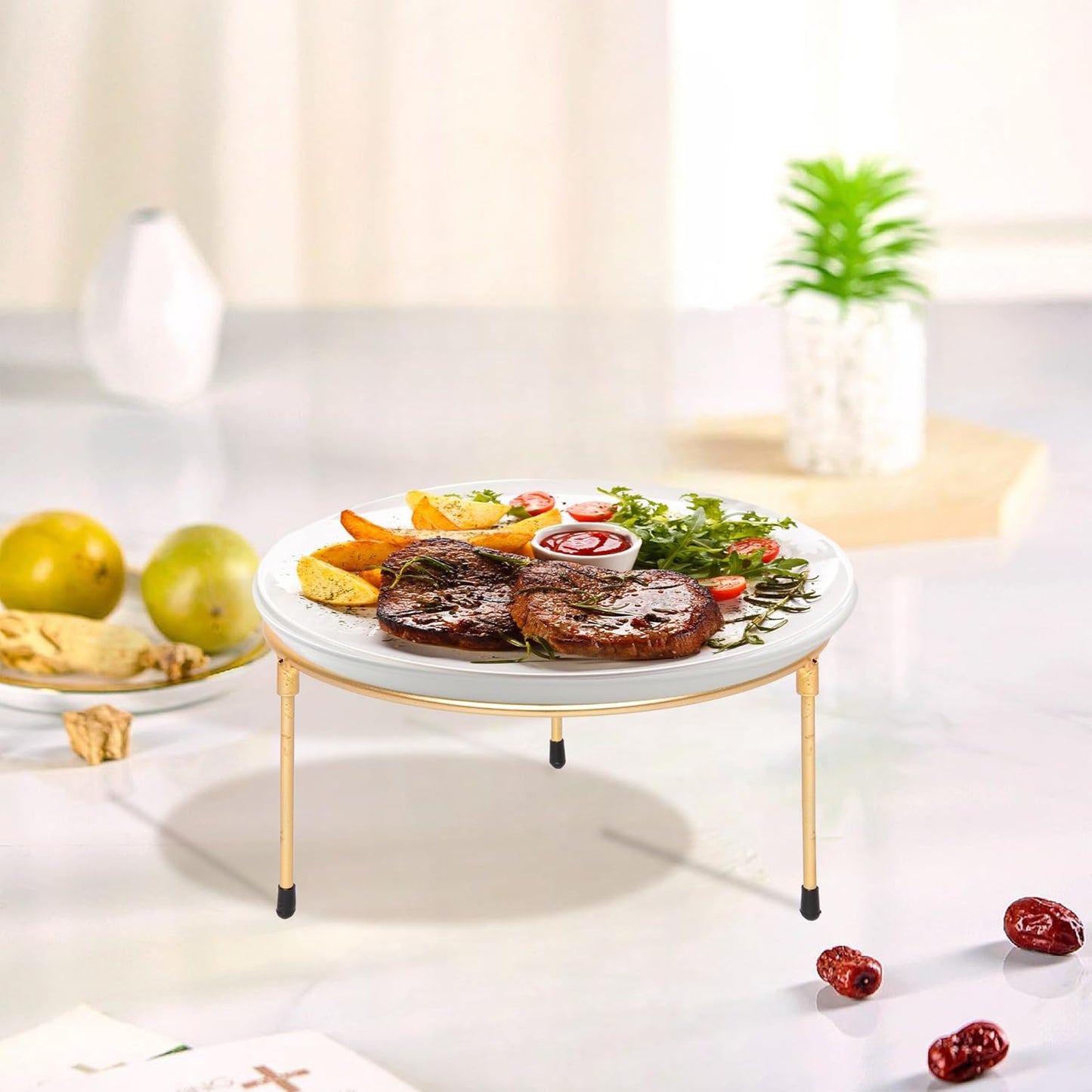 HPC DECOR Gold Metal Wire Pizza Pan Riser Stands-Round Pizza Tray Riser Rack / Gold Round / Set of 3