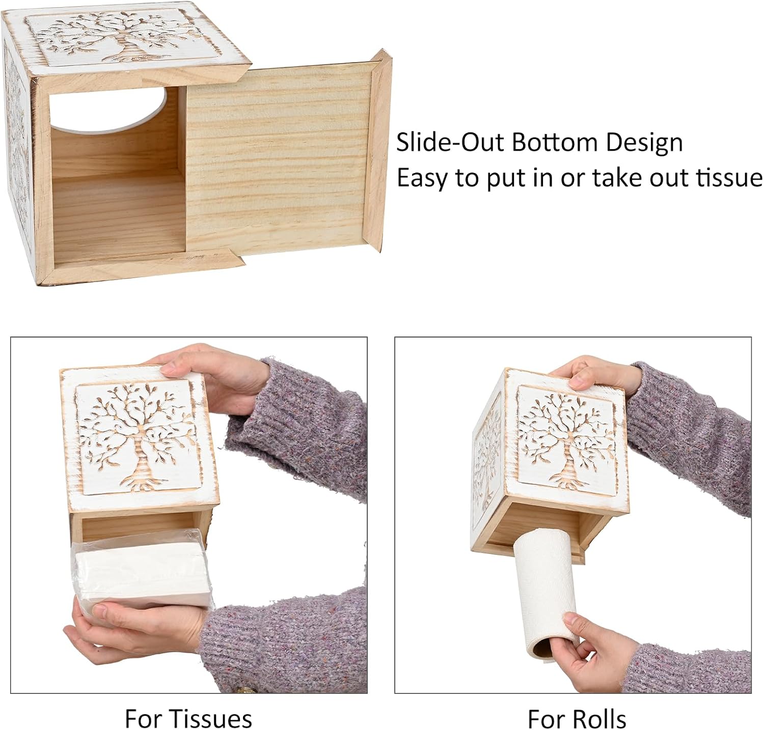 Wooden Tissue Box Cover / Square / White Tree of Life