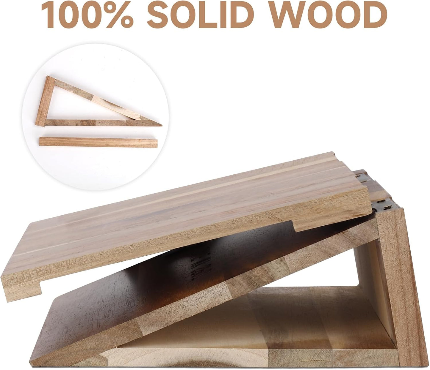 Wooden Book Stand for Reading Rest, Acacia Triangle Book Holder with Cup, Glasses, Pen & Phone Holder, Book Nook