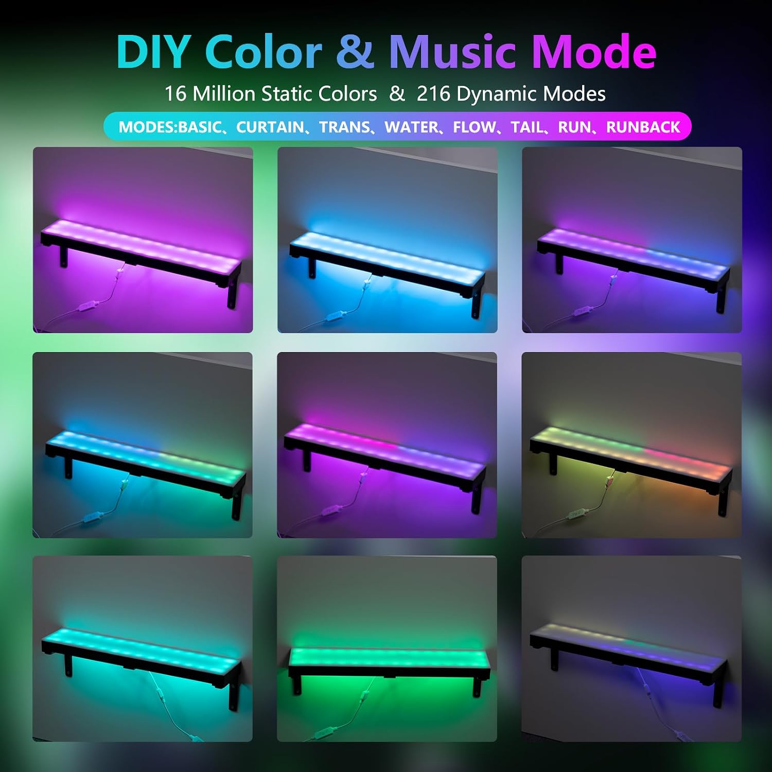 2 Pack Led Lighted Liquor Bottle Display Shelf, 20 Inch 1 Tier Wall Mounted Whiskey Rack, Bar Stand with RF Remote &