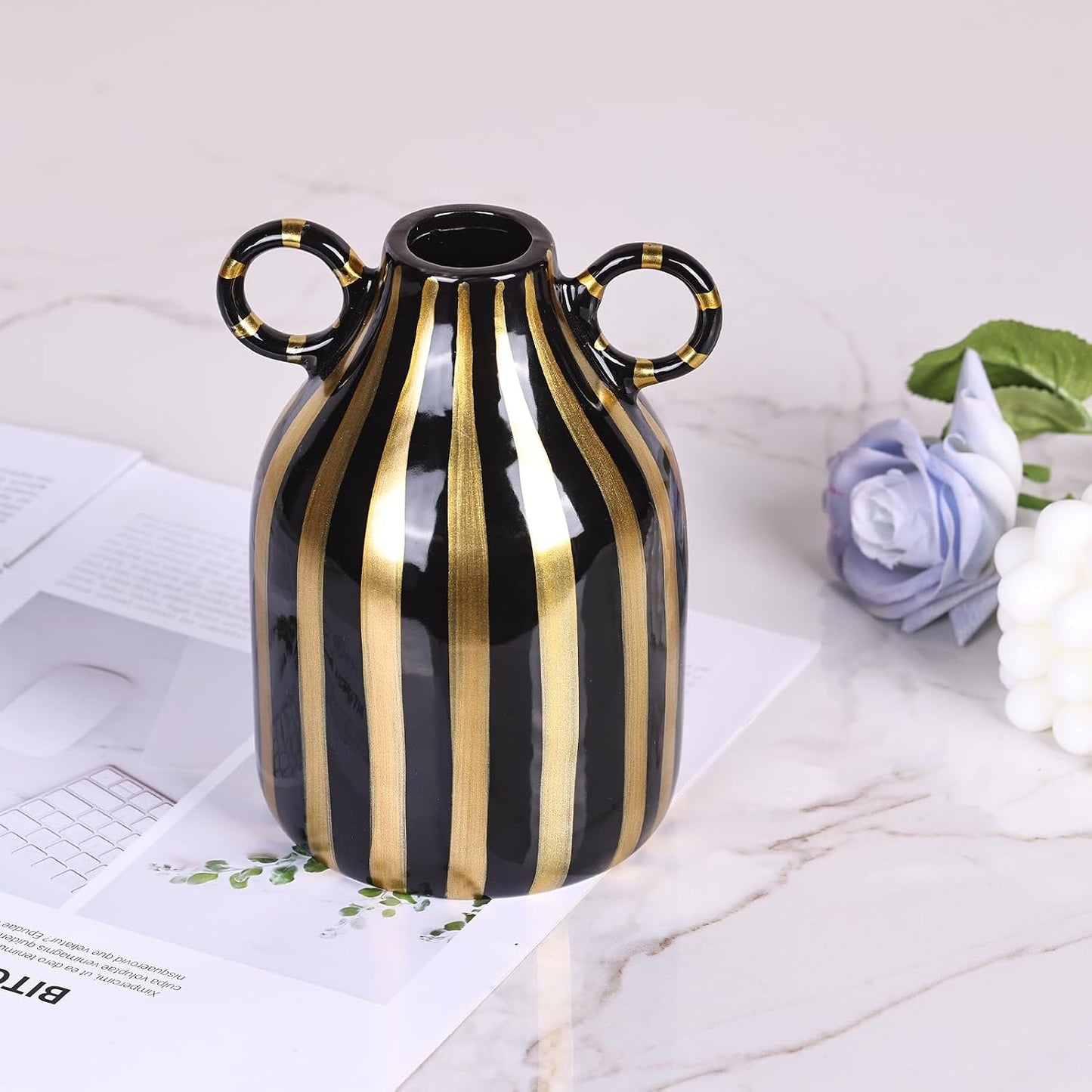 Ceramic Black and Gold Hand-Painted Striped Decorative Vase for Modern Bohemian Pampas / Black Gold