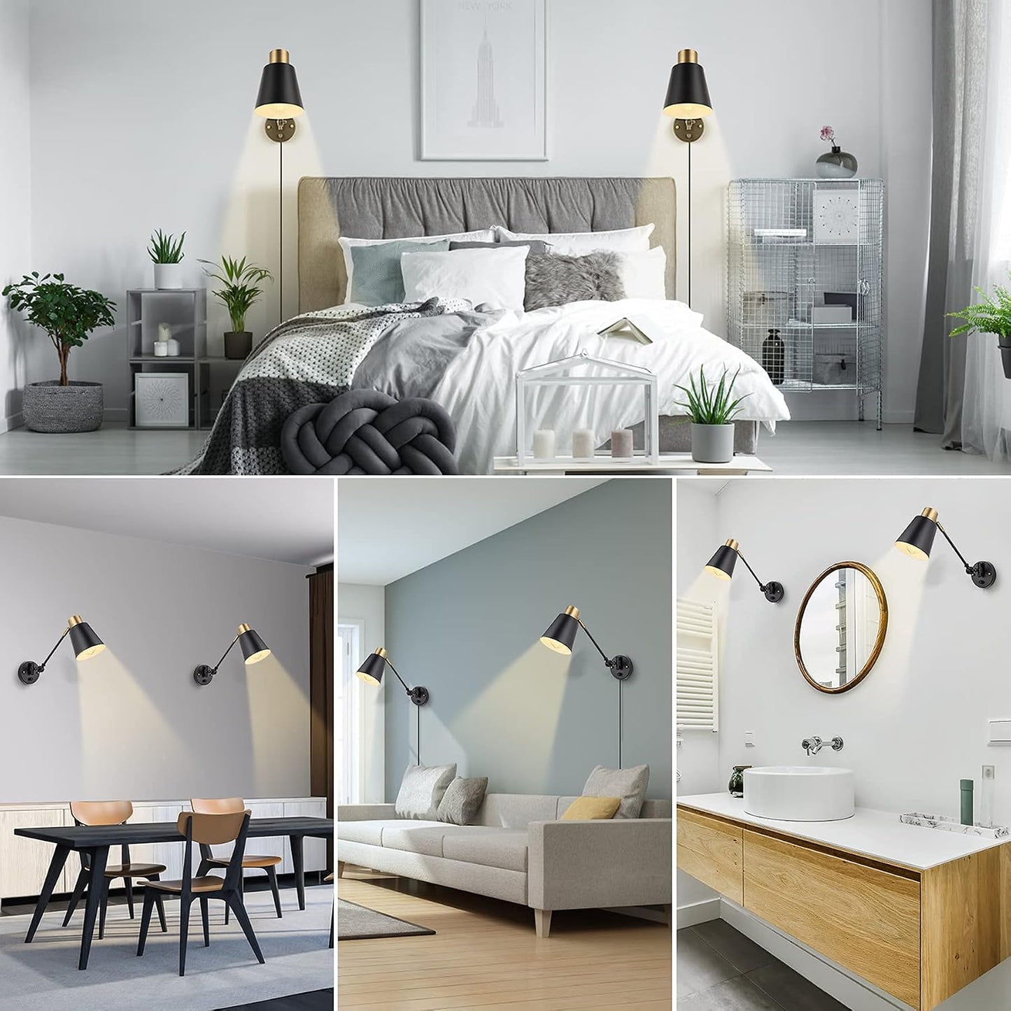 GOODATE Dimmable Wall Lamp with Plug in Cord, Plug in Wall Sconces, Swing Arm Wall Light with On Off Switch, Metal