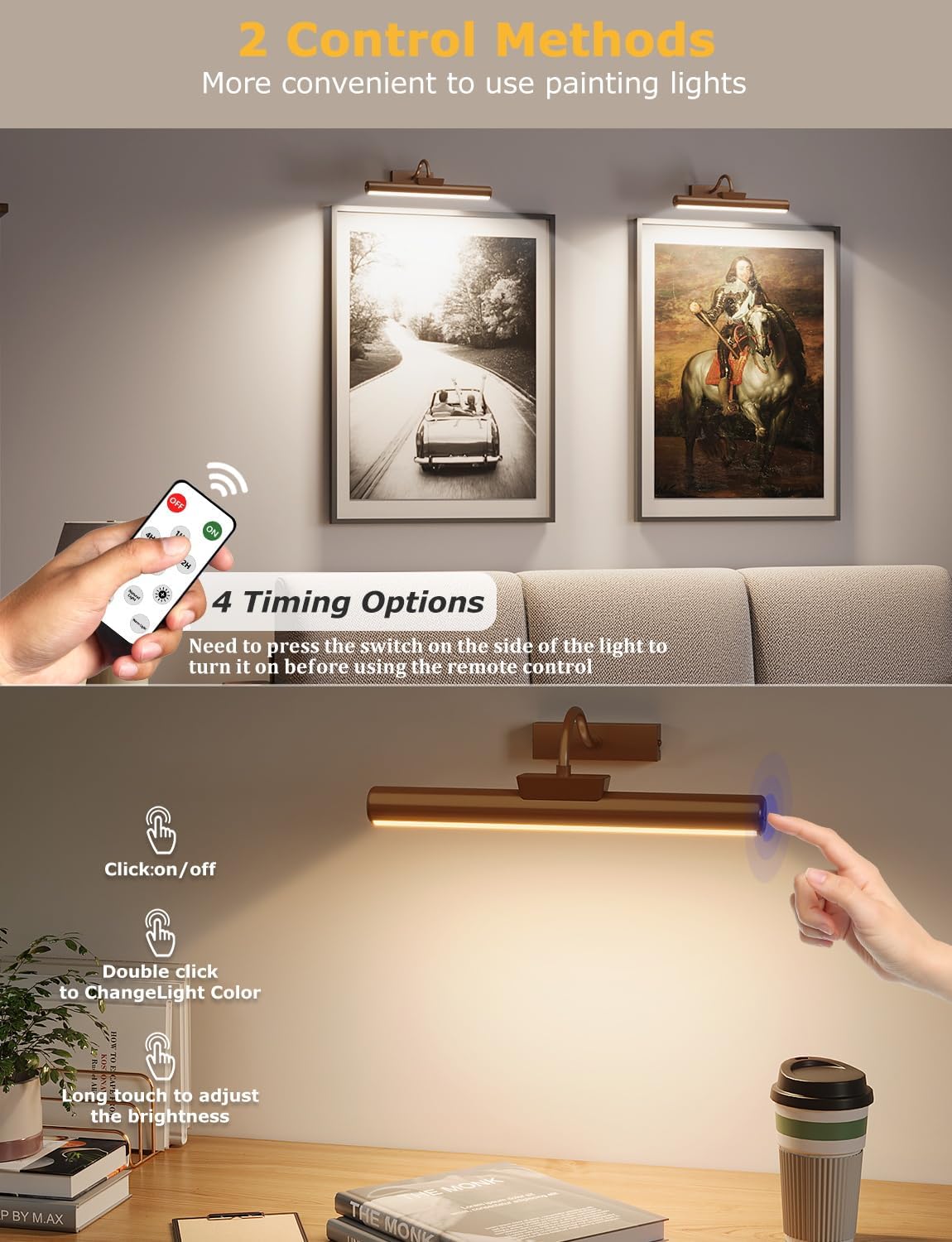 13" Wireless Picture Lights for Wall, Rechargeable Art Light, 1Pack Bronze | Aluminum Photo Frame Light, Remote & Touch
