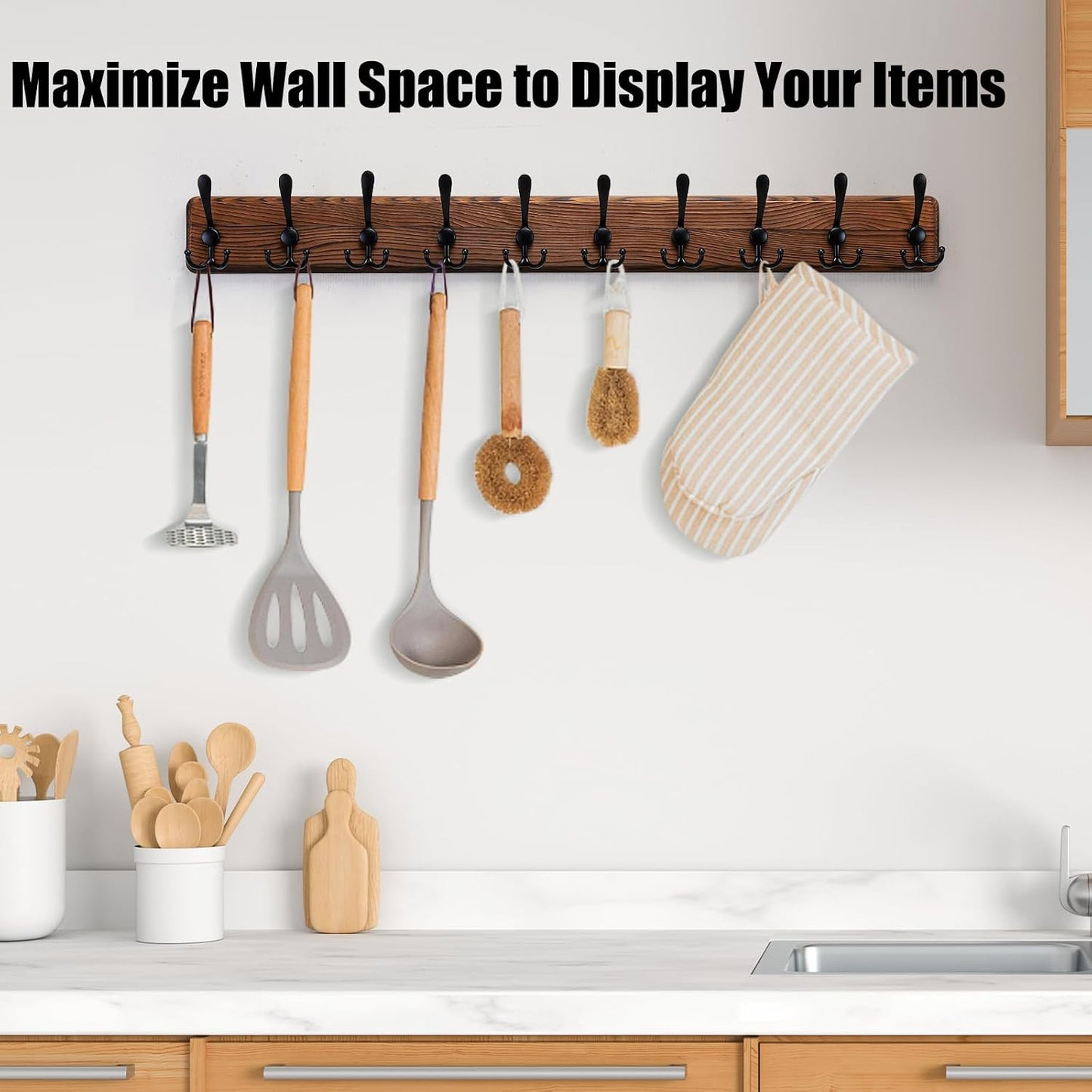 Gohiuo Rustic 38.6" Large Coat Rack Wall Mount, Long Wood Coat Hooks with 10 Triple Hooks, Heavy Duty Wooden Coat
