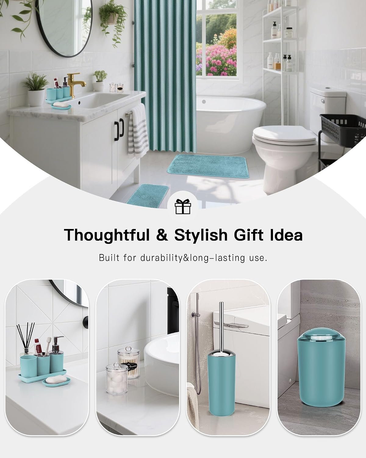 IMAVO Blue Bathroom Accessories,Non Slip Absorbent Bathroom Rugs and Waterproof Shower Curtain with Hooks,Complete