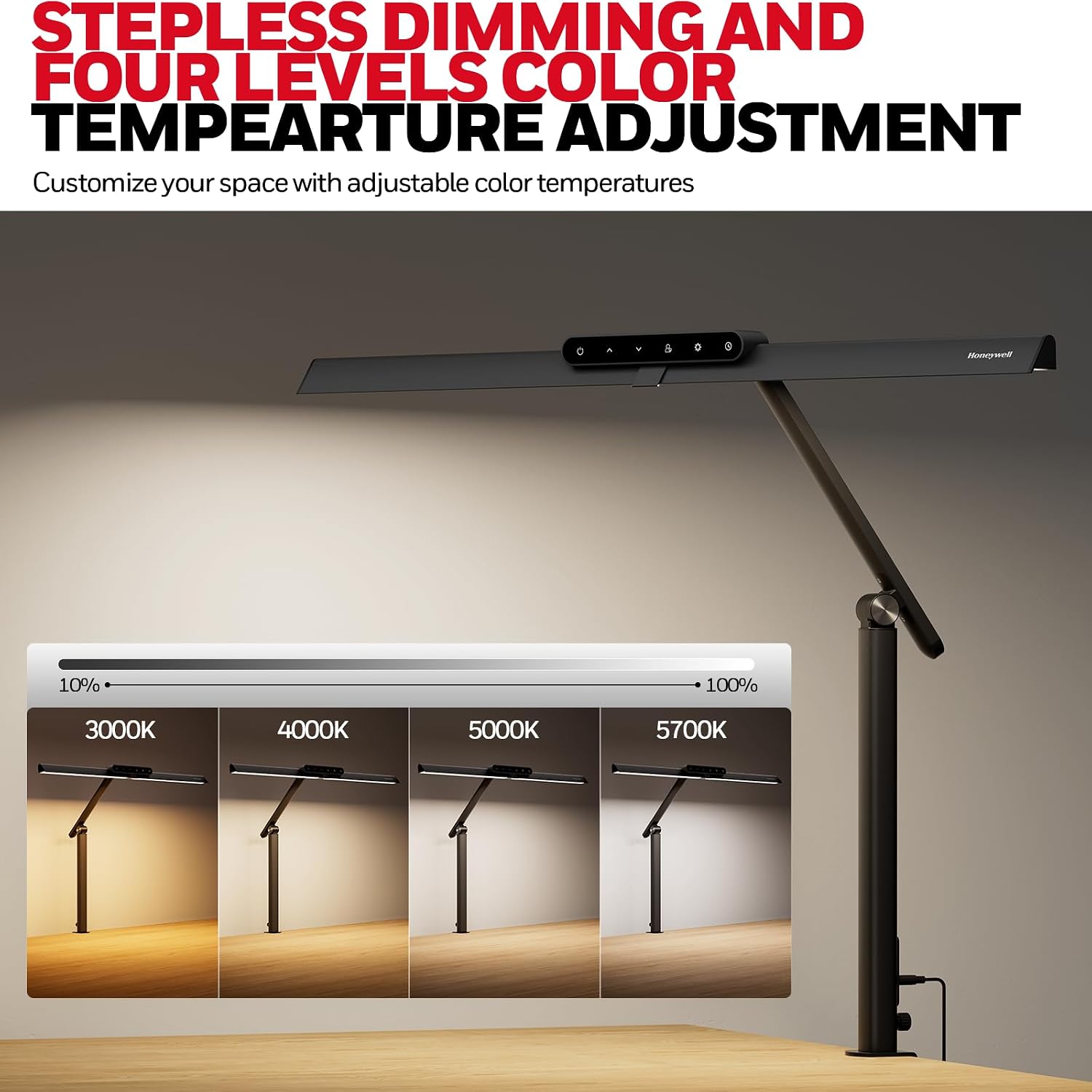 Honeywell HJ1 Sunturalux LED Clamp Desk Lamp 1200LM for Home Office | CRI≥97, 3000K-5700K, Low Blue Light