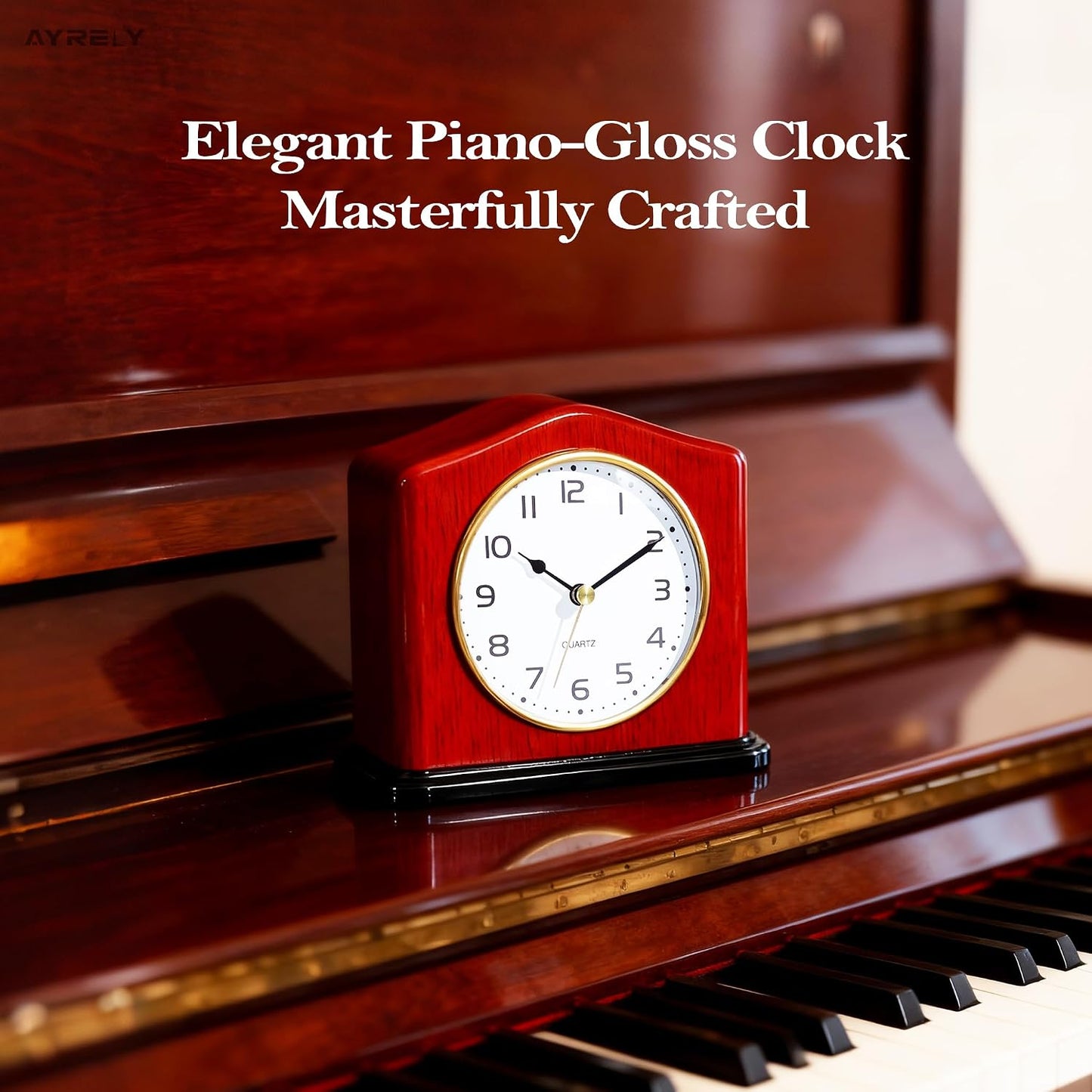 AYRELY® Mantel Clock, Handcrafted Solid Wood Desk Clock with Silent Movement, Piano-Gloss Finish, Elegant Table Clock