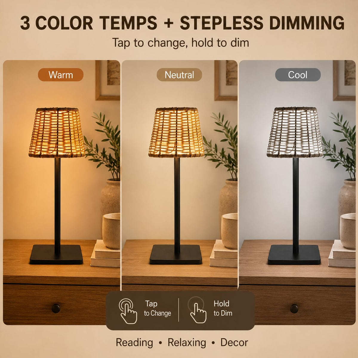 2 Pack Rattan Table Lamp, Rechargeable Small Wicker Lamp | Wedding Cordless Boho Rattan Lamp Shade with Dimmable LED
