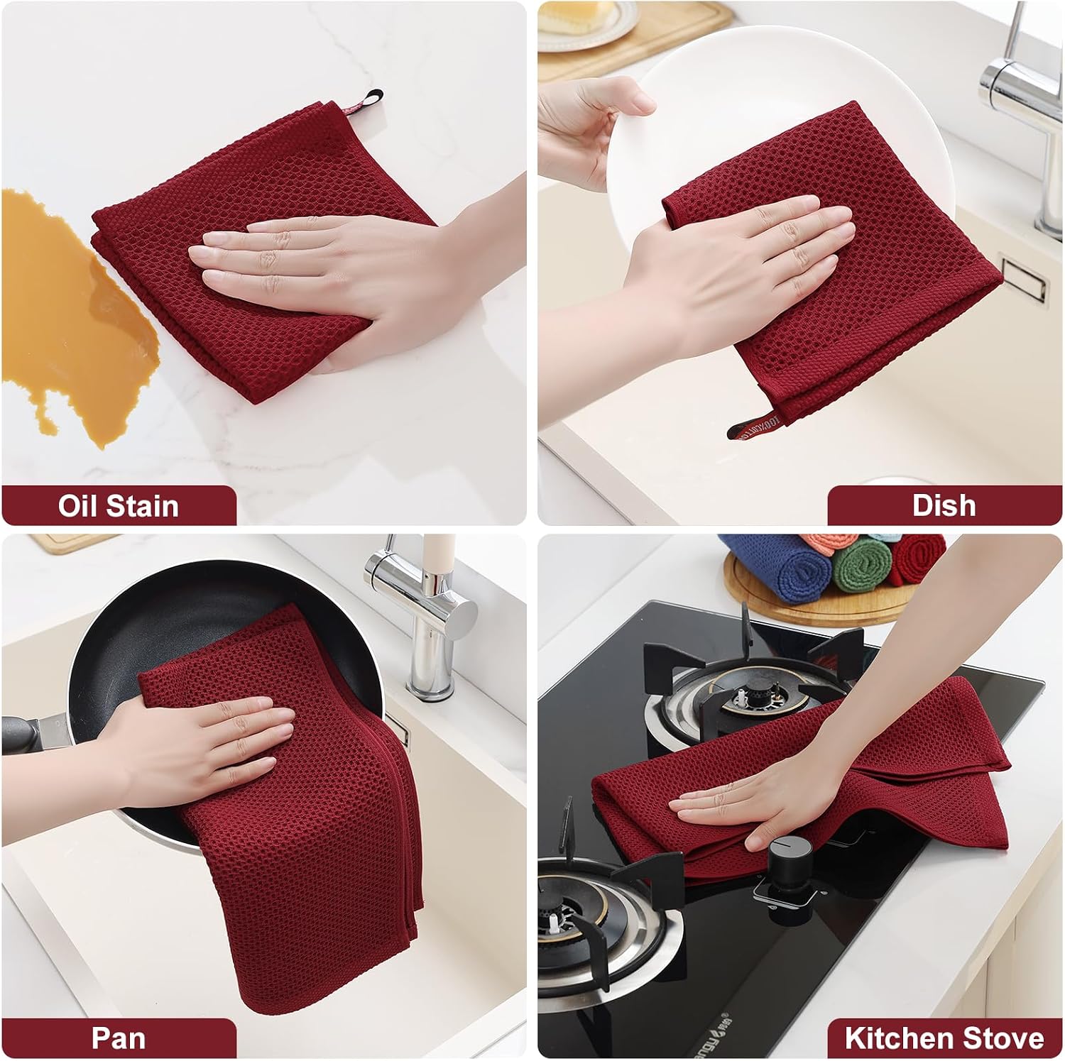 Homaxy 12 Pack 100% Cotton Kitchen Towels and Dishcloths Set, Burgundy | 12 x 12 Inches and 13 x 28 Inches Kitchen