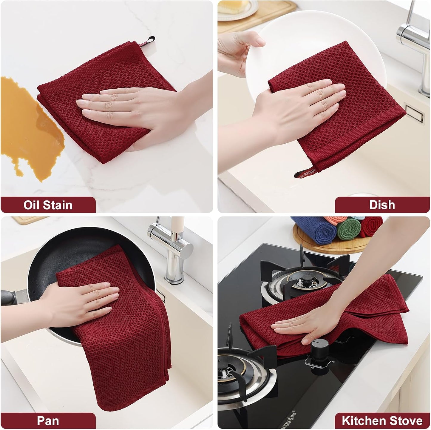 Homaxy 10 Pack 100% Cotton Kitchen Towels and Dishcloths Set, Burgundy | 12 x 12 Inches and 13 x 28 Inches Kitchen