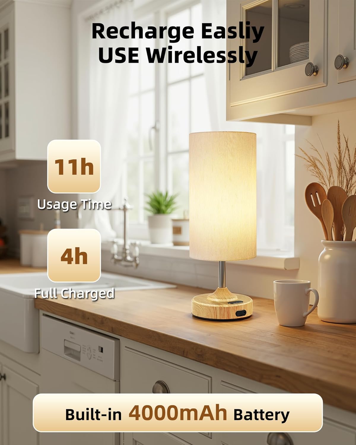 EZVALO Cordless Table Lamp, Ambient Light, Dimmable, Touch, Timer, 2700K, Bedroom, Portable, LED, Wireless