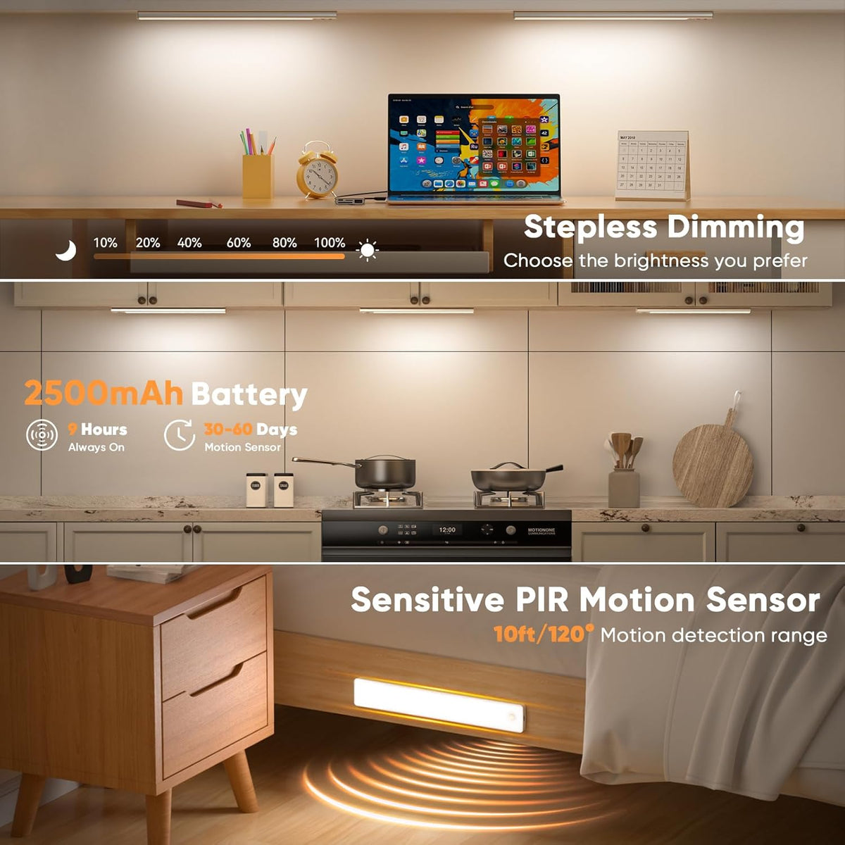 6 Pack 13 inch Under Cabinet Lighting, USB Rechargeable Motion Sensor Light Indoor, Battery Operated Closet Light, LED