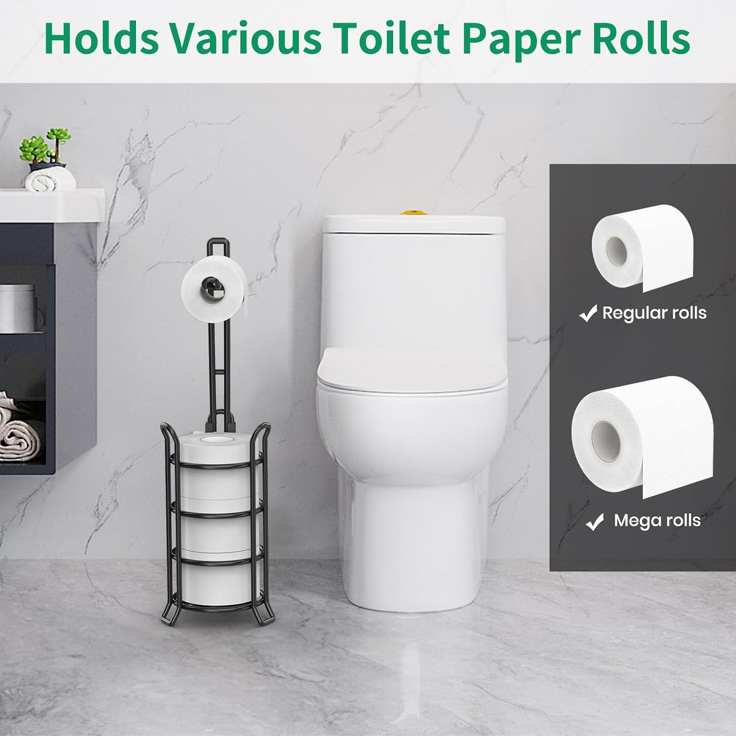 TomCare Toilet Paper Holder Stand Free Standing, Holds 4 Mega Rolls, Black | Tool-Free Assembly, Detachable Metal Wire