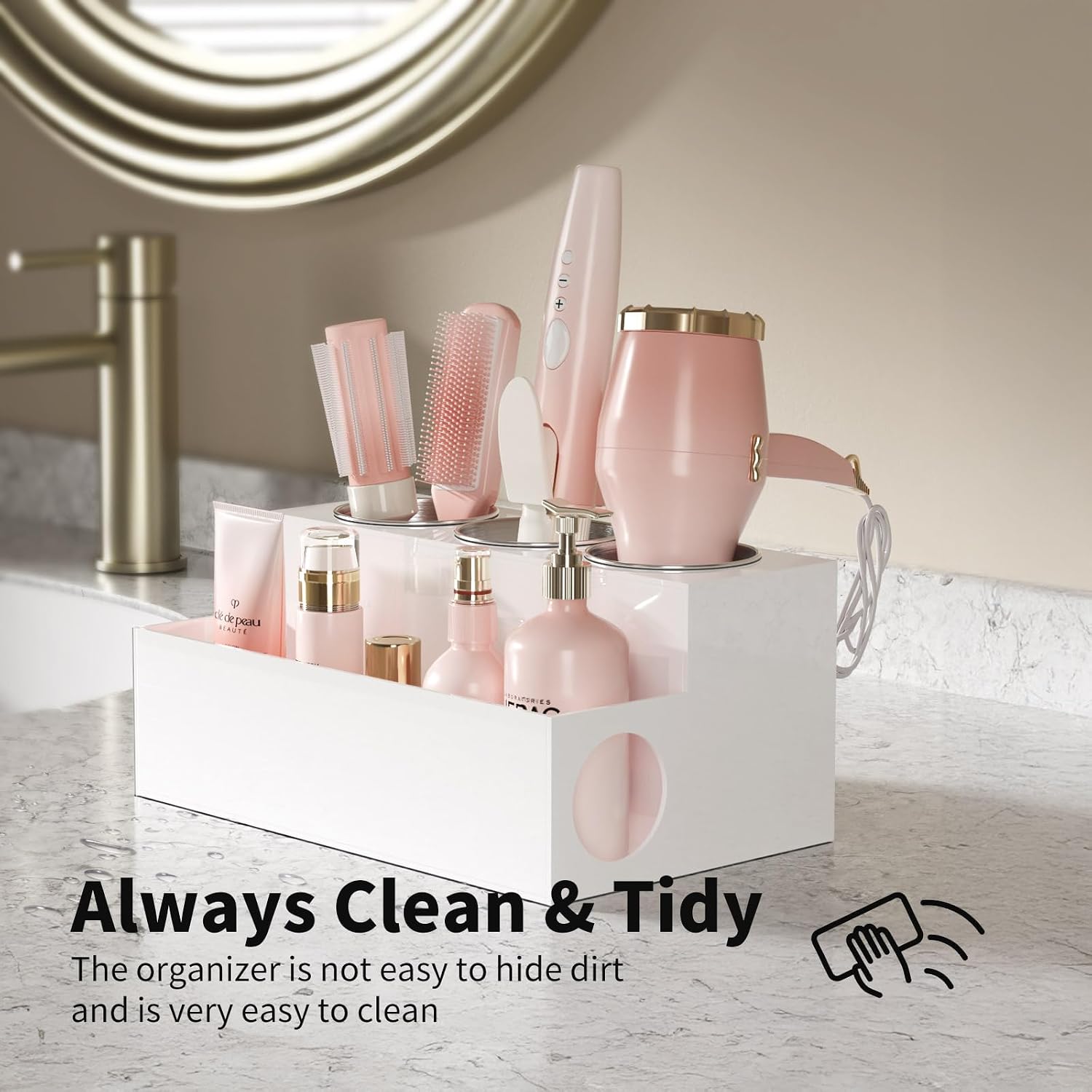 NIUBEE Acrylic Hair Tool Organizer,Hair Dryer Holder Countertop with 3 Cups | White, Hot Tools Organizer, Hair Blow
