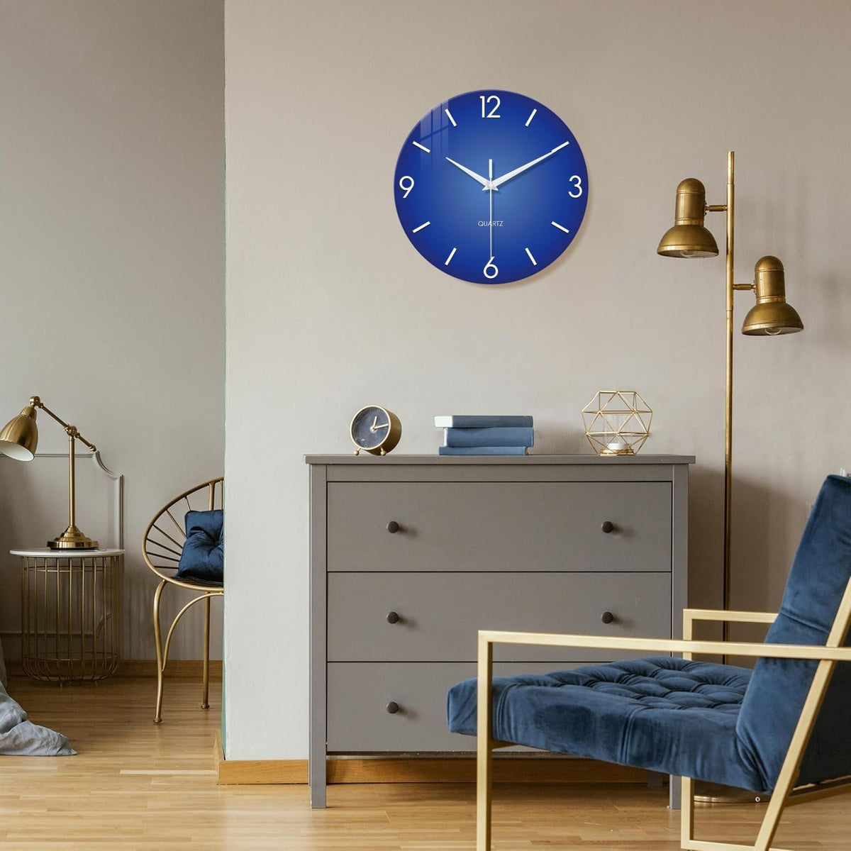 Large Blue Glass Wall Clock 20 Inch Modern | Battery Operated Silent Non Ticking Simple Minimalist Round Analog