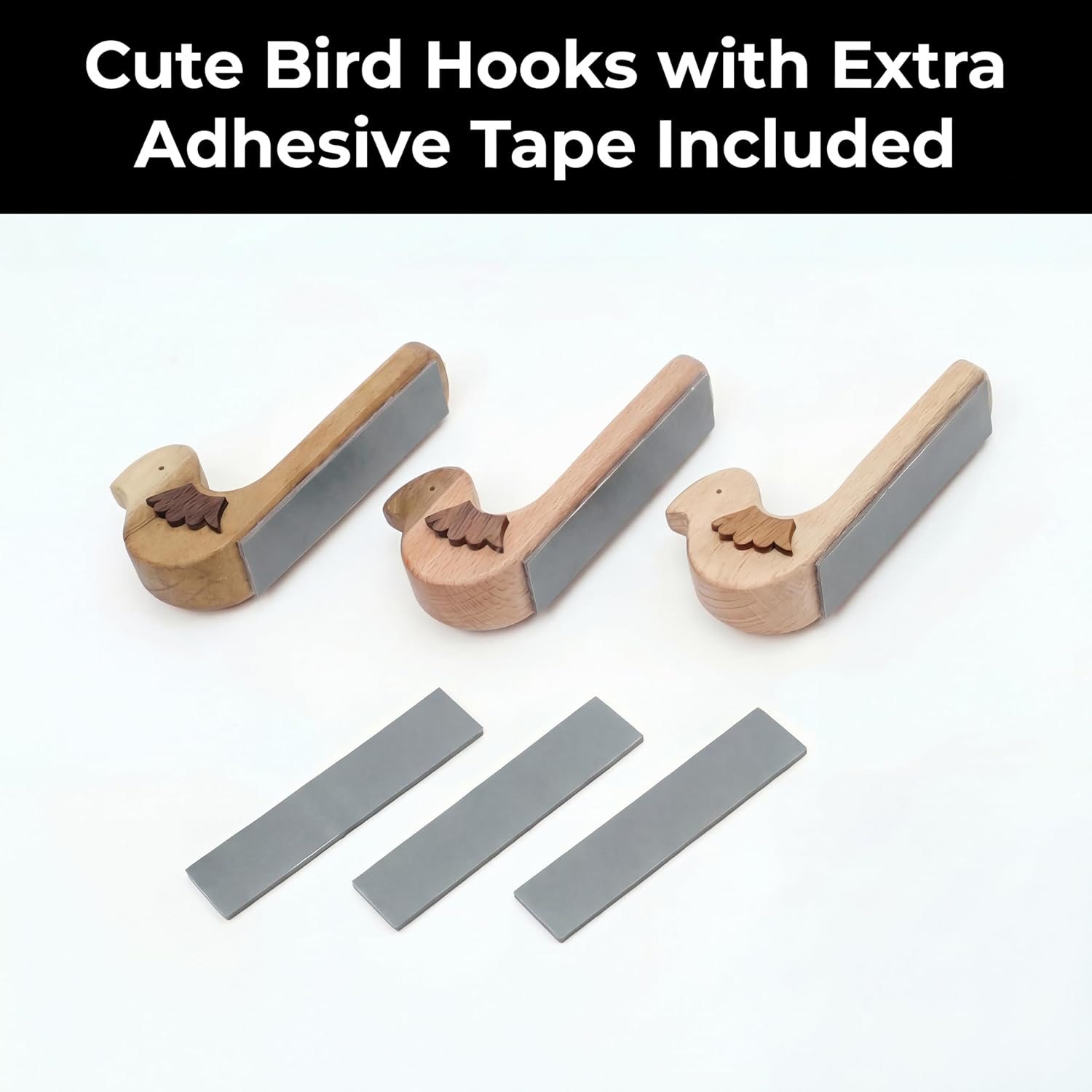 Bird Wood Wall Hooks -Decorative Adhesive Hooks for Hanging Keys