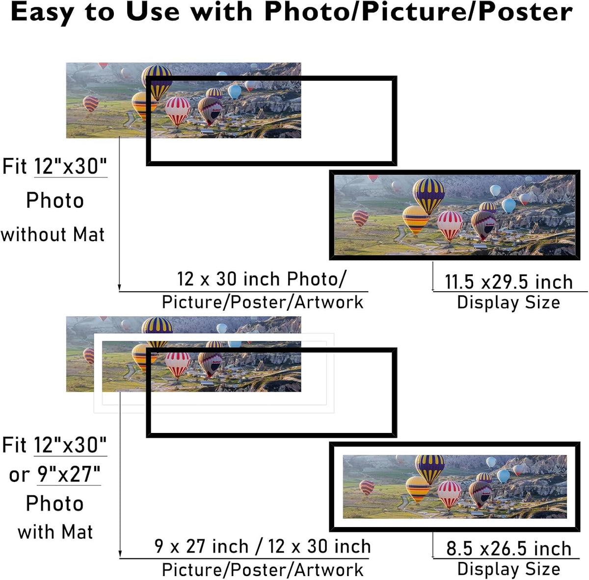 JCJMY 12x30 Picture Frame with 9x27 Mat Set of 4, Display Photo 9x27 with Mat or 12 x 30 Without Mat, Wall Hanging