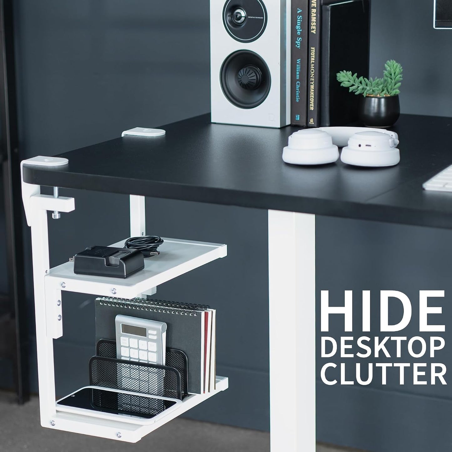 VIVO White Clamp-on 13 inch 2-Tier Desk Shelf, STAND-SHELF2CW | Above or Below Desk, 2 Level Shelving Unit for Table