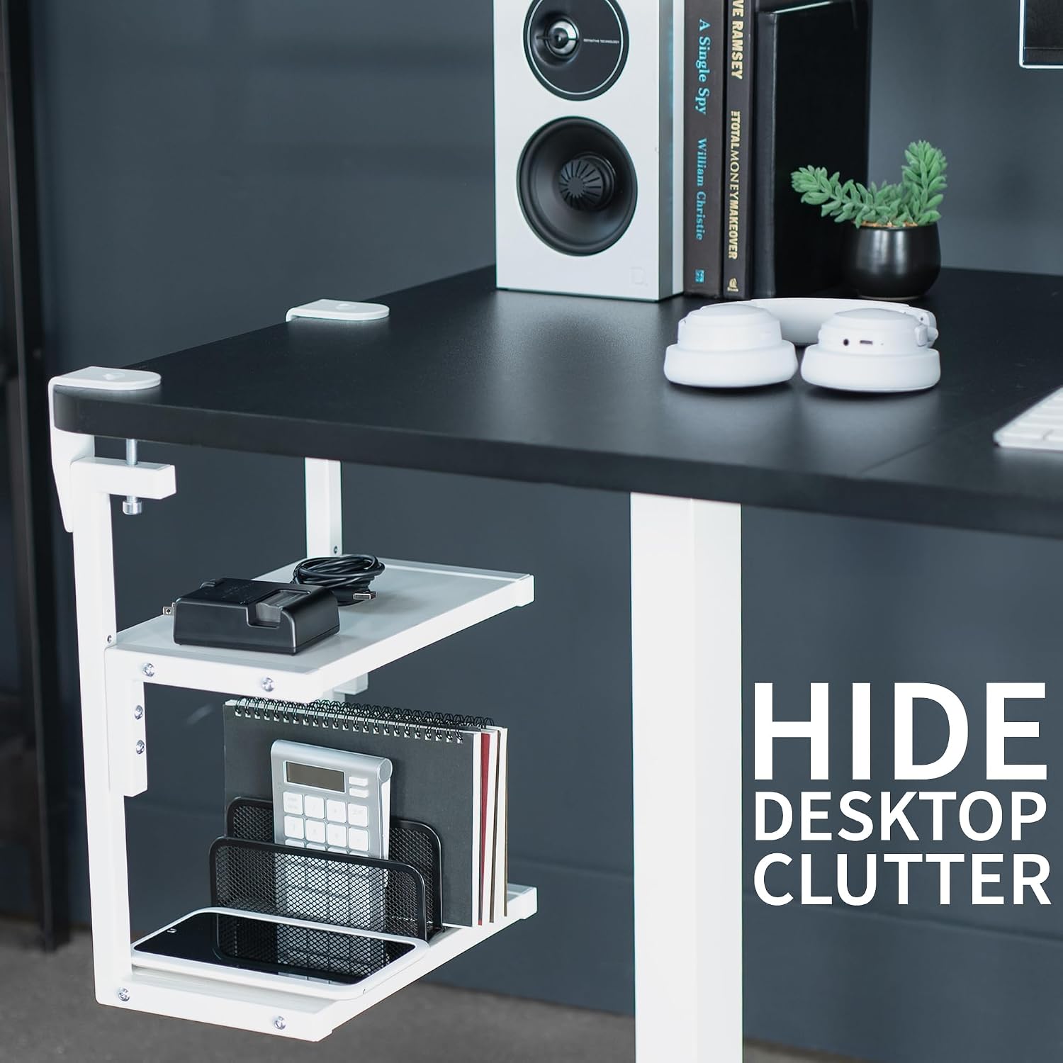 VIVO White Clamp-on 13 inch 2-Tier Desk Shelf, STAND-SHELF2CW | Above or Below Desk, 2 Level Shelving Unit for Table