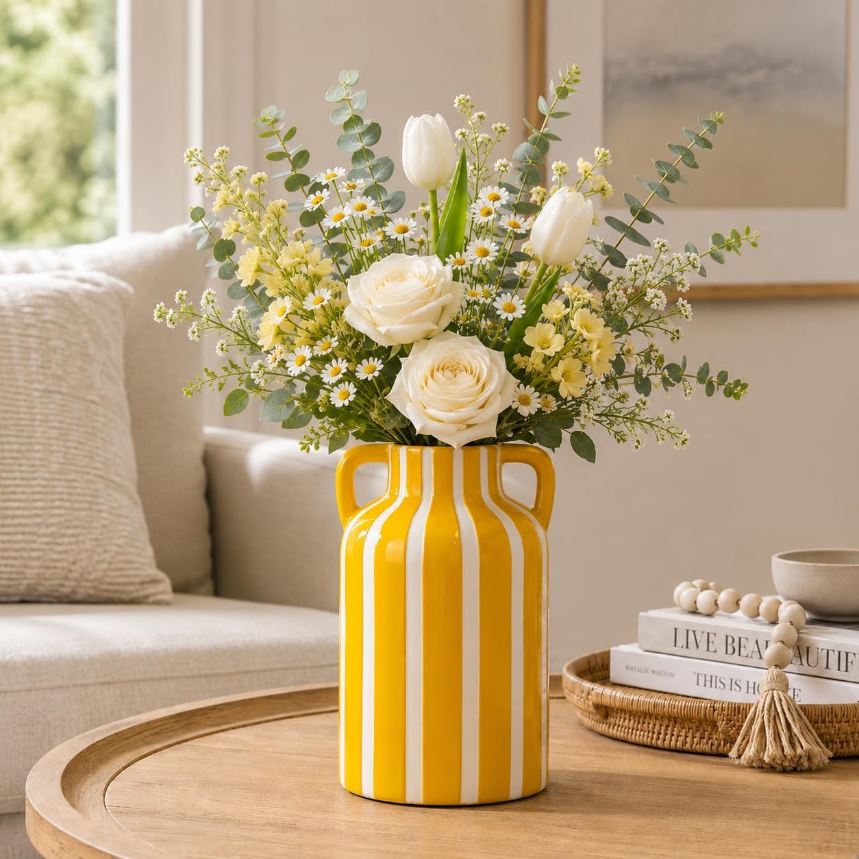 Yellow Ceramic Vase / Yellow and White