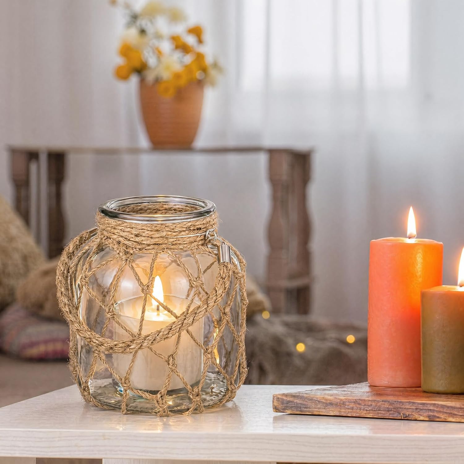 Blushtier 2 Set Nautical Lanterns Rope Handle, Glass LED Flameless,Clear | Battery Operated Light Candles, Coastal