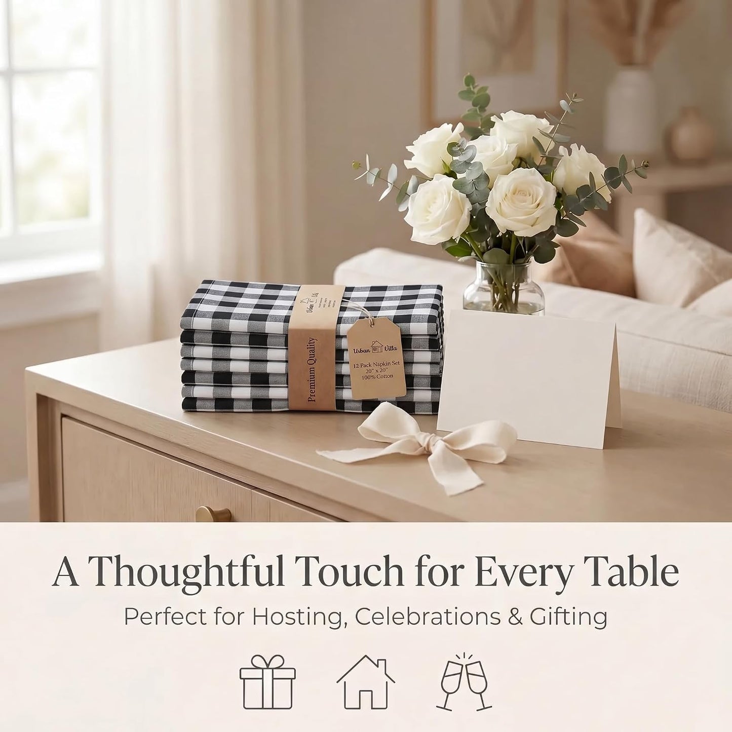 Urban Villa Cloth Napkins Cotton 20x20 (Set of 12) Black Cheks