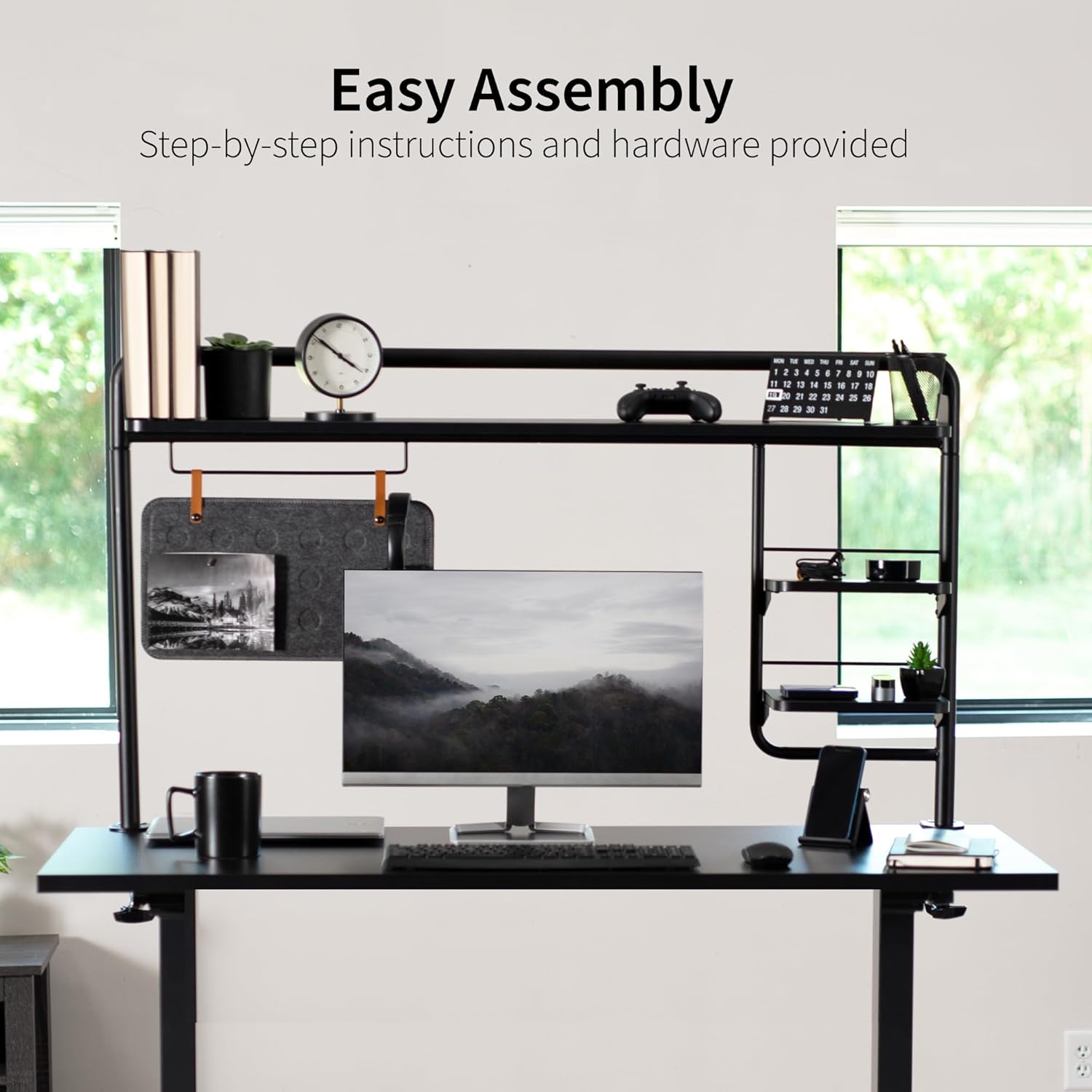 VIVO Black Clamp-on 50 inch Desktop Shelving System, DESK-SHELF55A | Raised Accessory Storage Shelves, Magnetic Memo