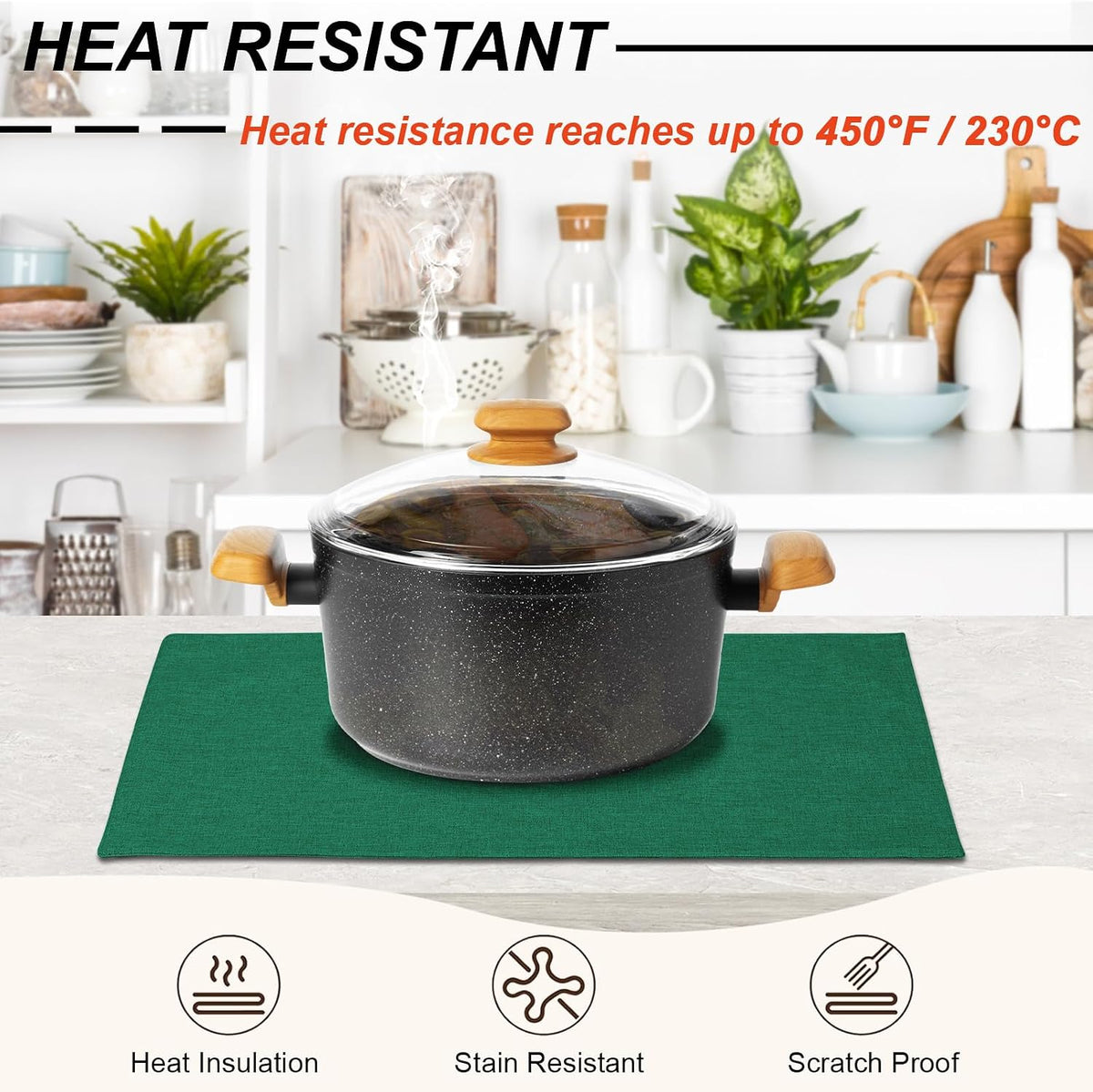 Cloth Placemats Set of 6, Cotton Linen Blend Place Mats, Green | Machine Washable, Double Layered, Heat Resistant